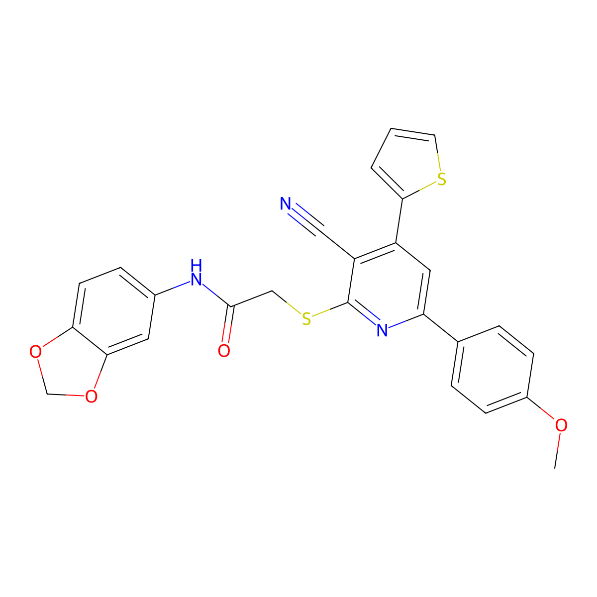 N-(1,3-benzodioxol-5-yl)-2-[3-cyano-6-(4-methoxyphenyl)-4-thiophen-2-ylpyridin-2-yl]sulfanylacetamide molecular structure, CAS 445381-23-7