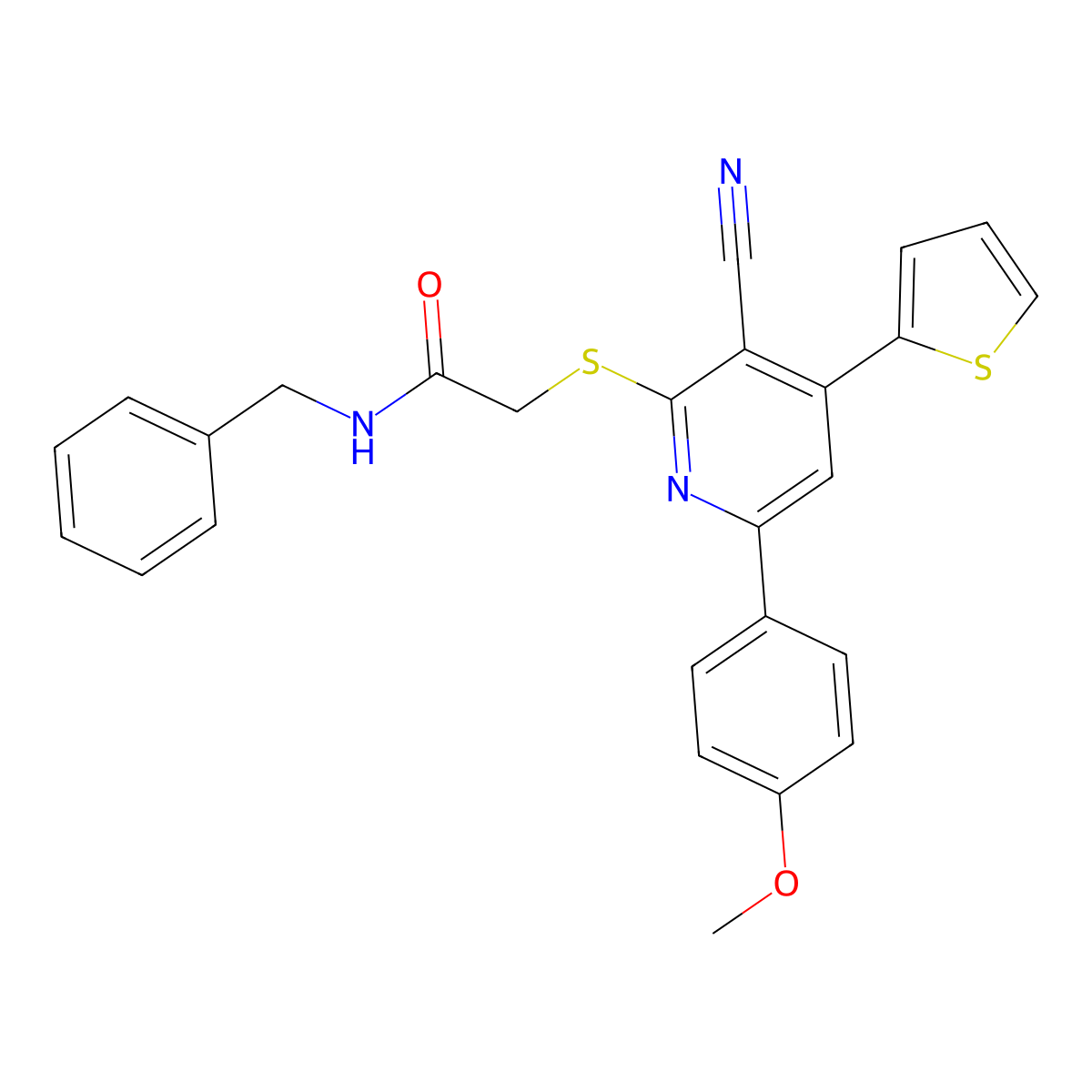 N-benzyl-2-[3-cyano-6-(4-methoxyphenyl)-4-thiophen-2-ylpyridin-2-yl]sulfanylacetamide molecular structure, CAS 445381-24-8