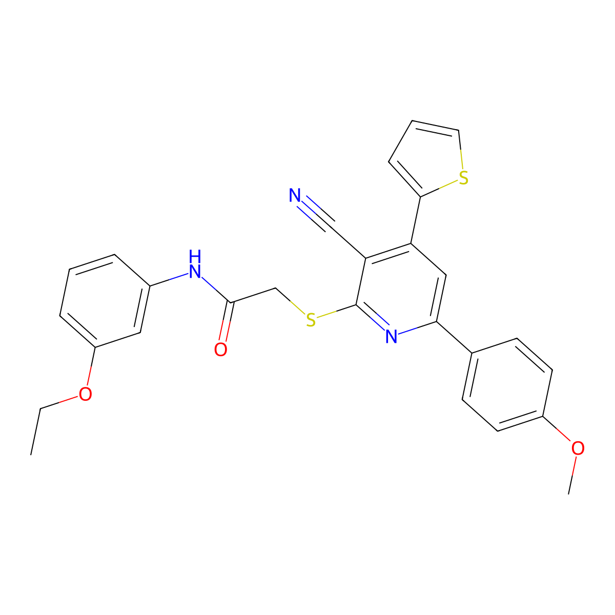 2-[3-cyano-6-(4-methoxyphenyl)-4-thiophen-2-ylpyridin-2-yl]sulfanyl-N-(3-ethoxyphenyl)acetamide molecular structure, CAS 445381-25-9