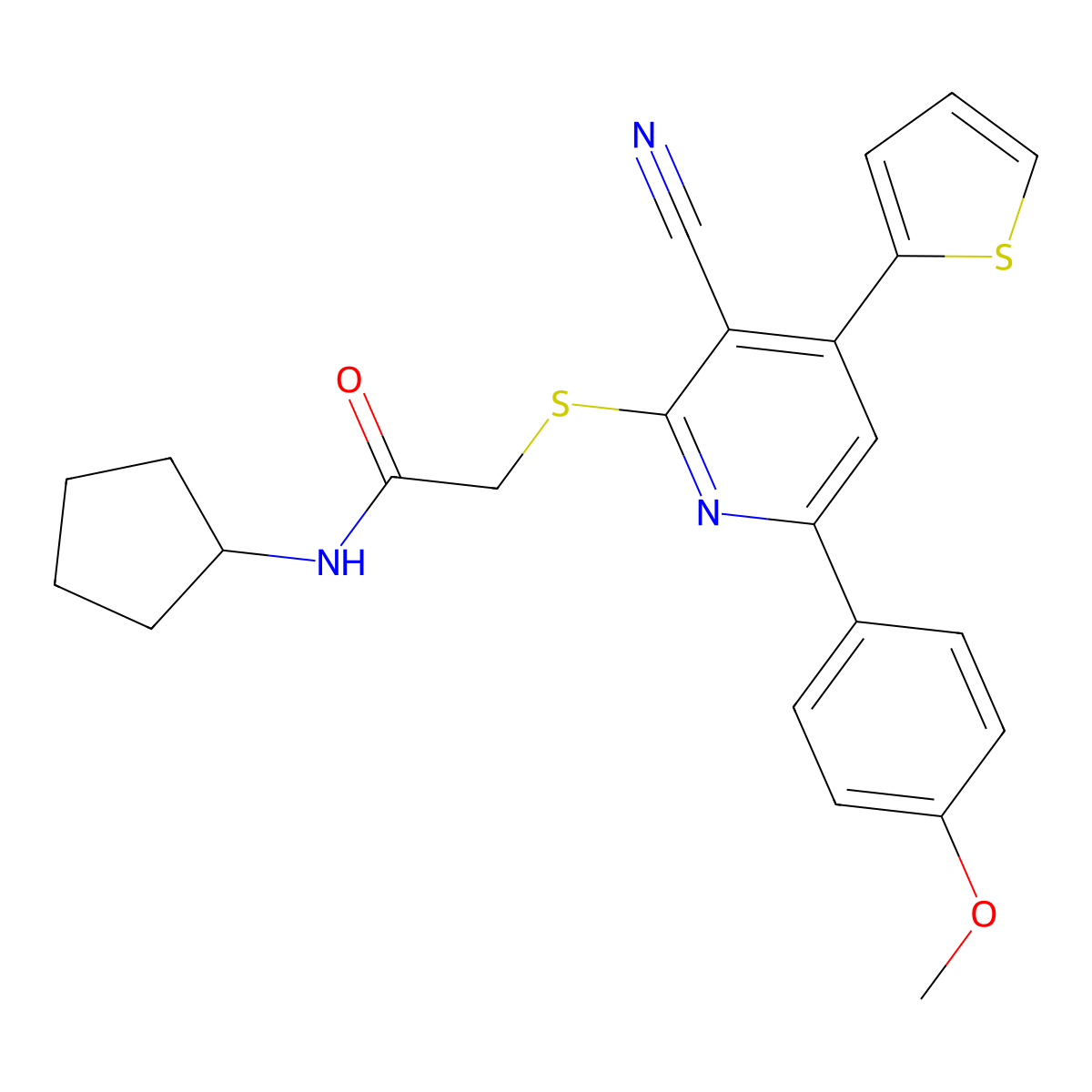 2-[3-cyano-6-(4-methoxyphenyl)-4-thiophen-2-ylpyridin-2-yl]sulfanyl-N-cyclopentylacetamide molecular structure, CAS 445381-26-0