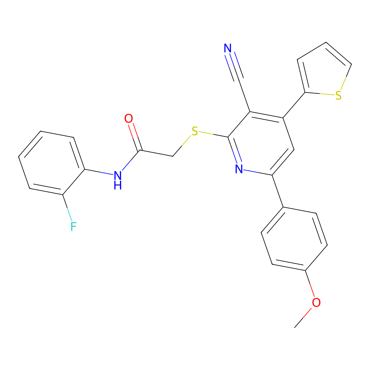 2-[3-cyano-6-(4-methoxyphenyl)-4-thiophen-2-ylpyridin-2-yl]sulfanyl-N-(2-fluorophenyl)acetamide molecular structure, CAS 445381-28-2