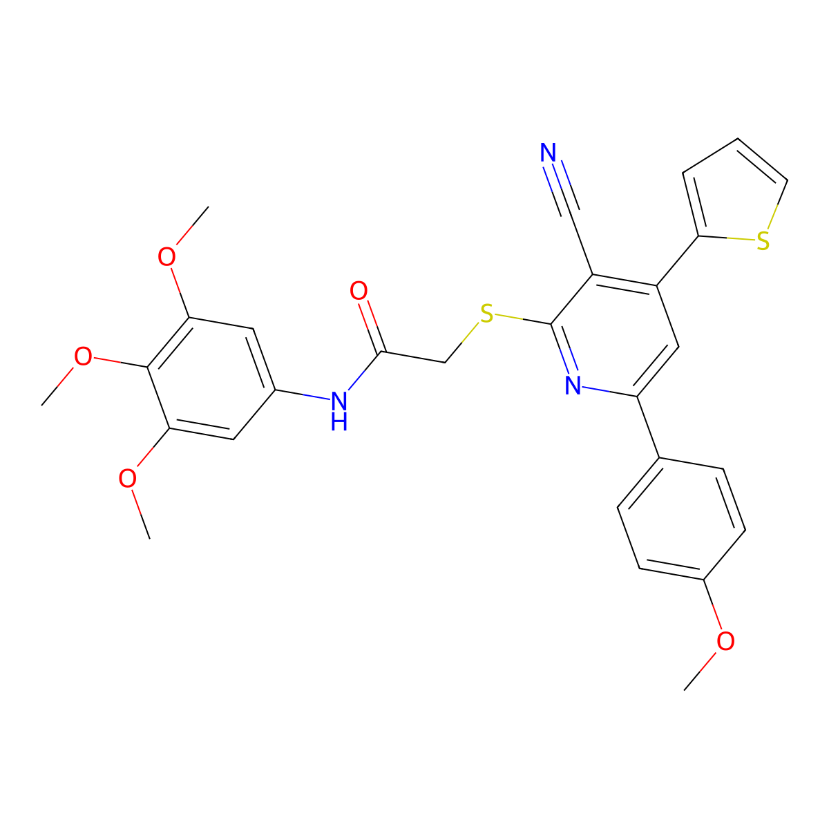2-[3-cyano-6-(4-methoxyphenyl)-4-thiophen-2-ylpyridin-2-yl]sulfanyl-N-(3,4,5-trimethoxyphenyl)acetamide molecular structure, CAS 445381-32-8