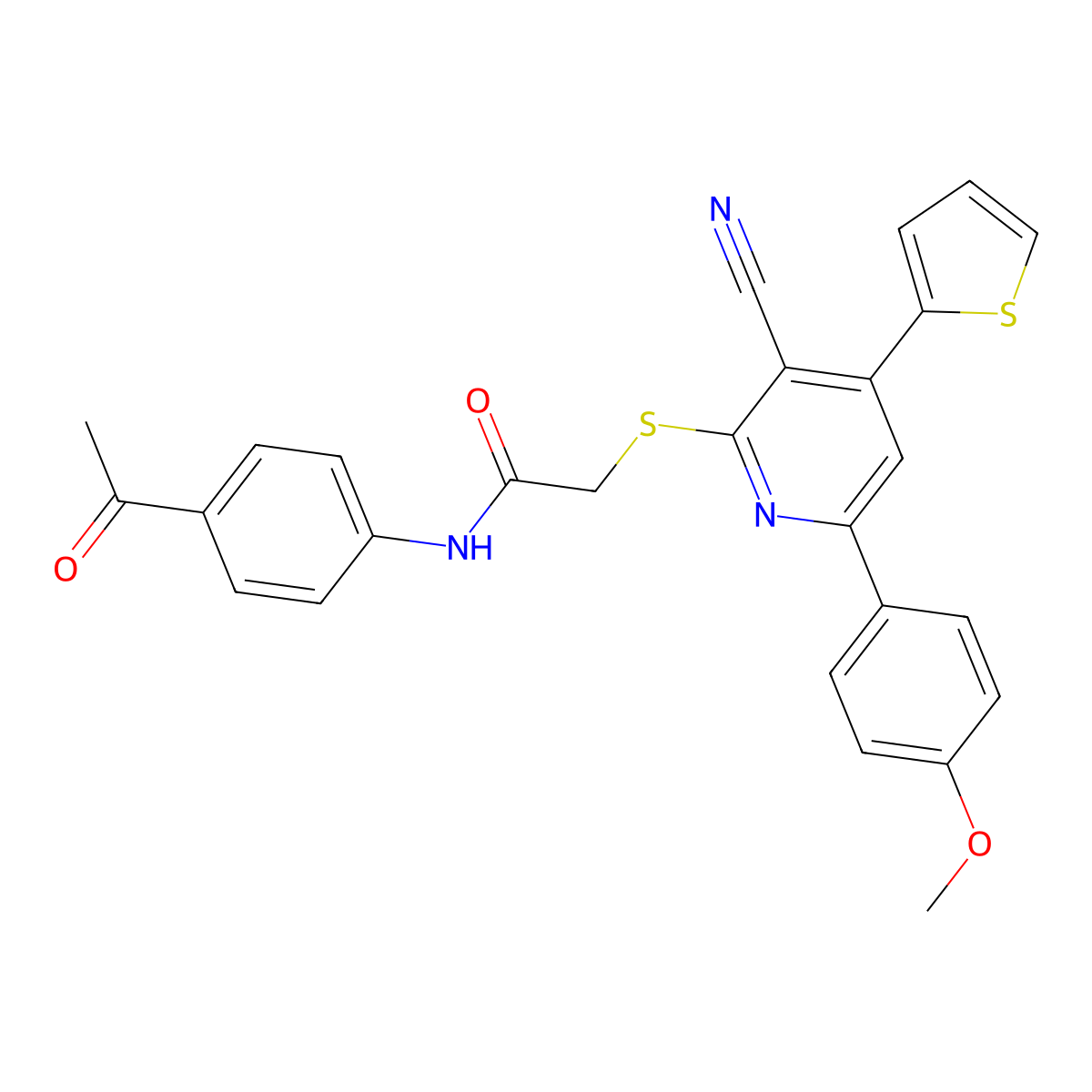 N-(4-acetylphenyl)-2-[3-cyano-6-(4-methoxyphenyl)-4-thiophen-2-ylpyridin-2-yl]sulfanylacetamide molecular structure, CAS 445381-33-9