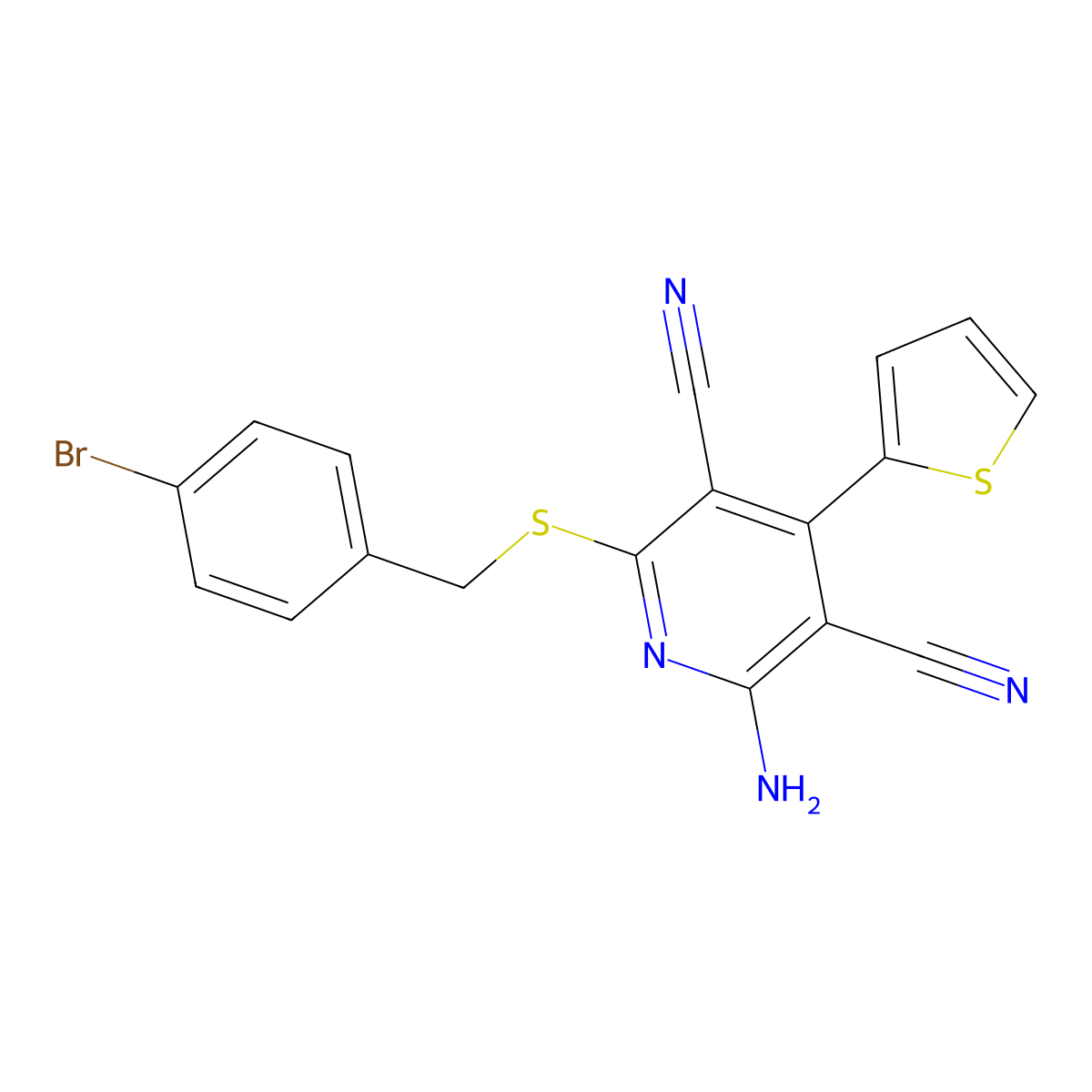 2-Amino-6-[(4-bromophenyl)methylsulfanyl]-4-thiophen-2-ylpyridine-3,5-dicarbonitrile molecular structure, CAS 445381-35-1