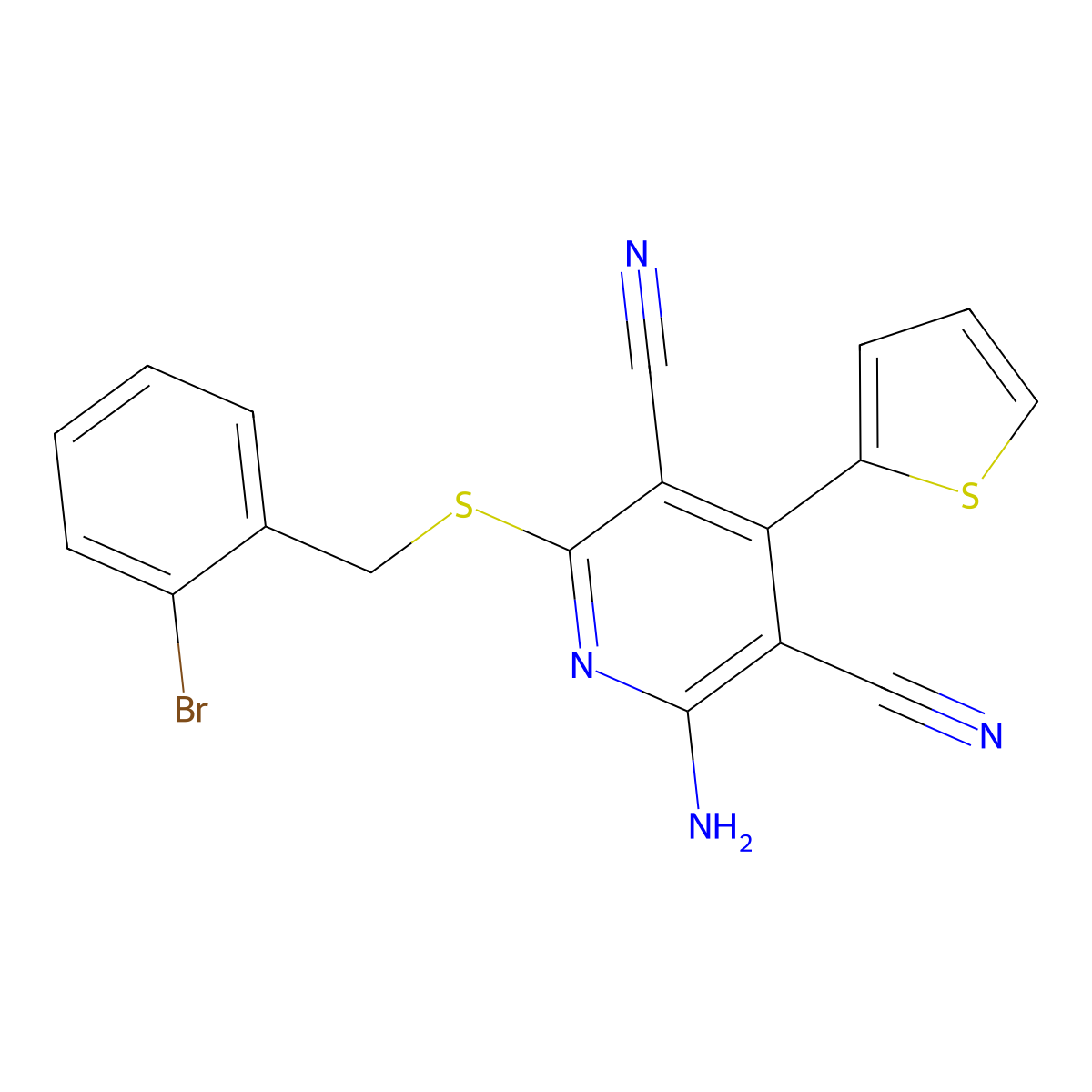 2-Amino-6-[(2-bromophenyl)methylsulfanyl]-4-thiophen-2-ylpyridine-3,5-dicarbonitrile molecular structure, CAS 445381-37-3