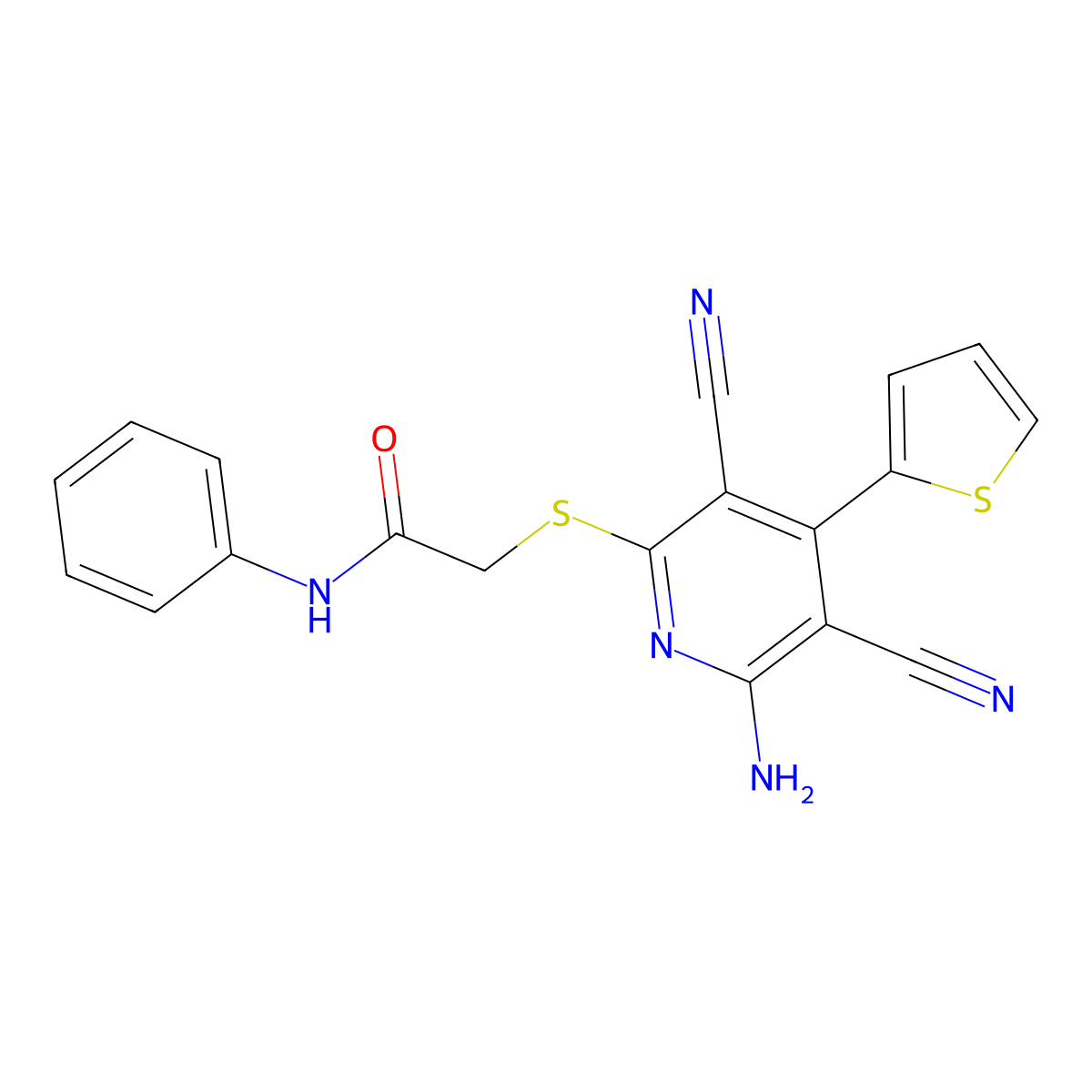 2-(6-amino-3,5-dicyano-4-thiophen-2-ylpyridin-2-yl)sulfanyl-N-phenylacetamide molecular structure, CAS 445381-43-1