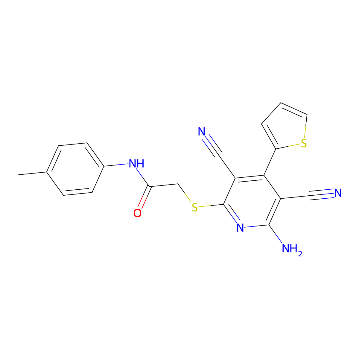 2-(6-amino-3,5-dicyano-4-thiophen-2-ylpyridin-2-yl)sulfanyl-N-(4-methylphenyl)acetamide molecular structure, CAS 445381-44-2