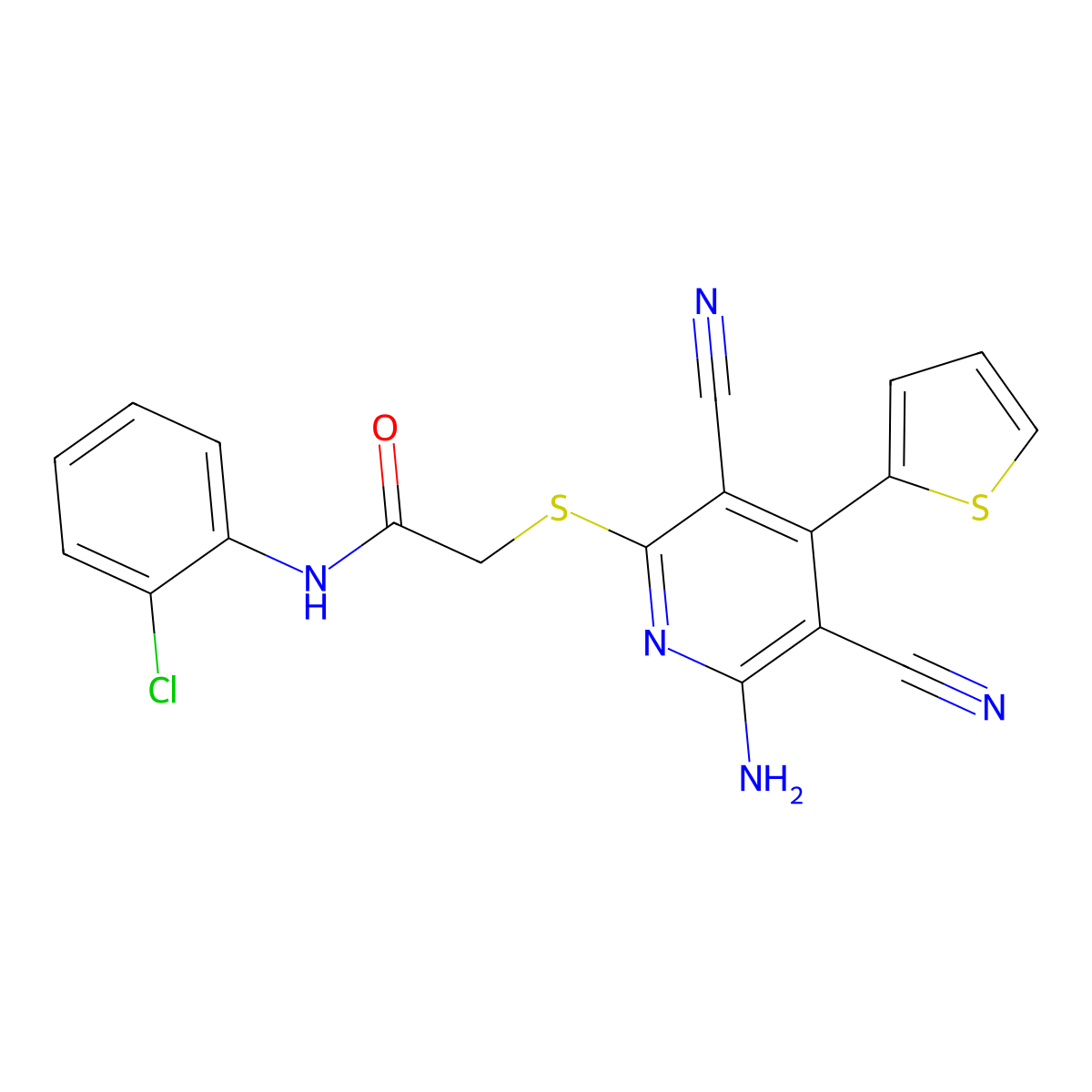 2-(6-amino-3,5-dicyano-4-thiophen-2-ylpyridin-2-yl)sulfanyl-N-(2-chlorophenyl)acetamide molecular structure, CAS 445381-45-3
