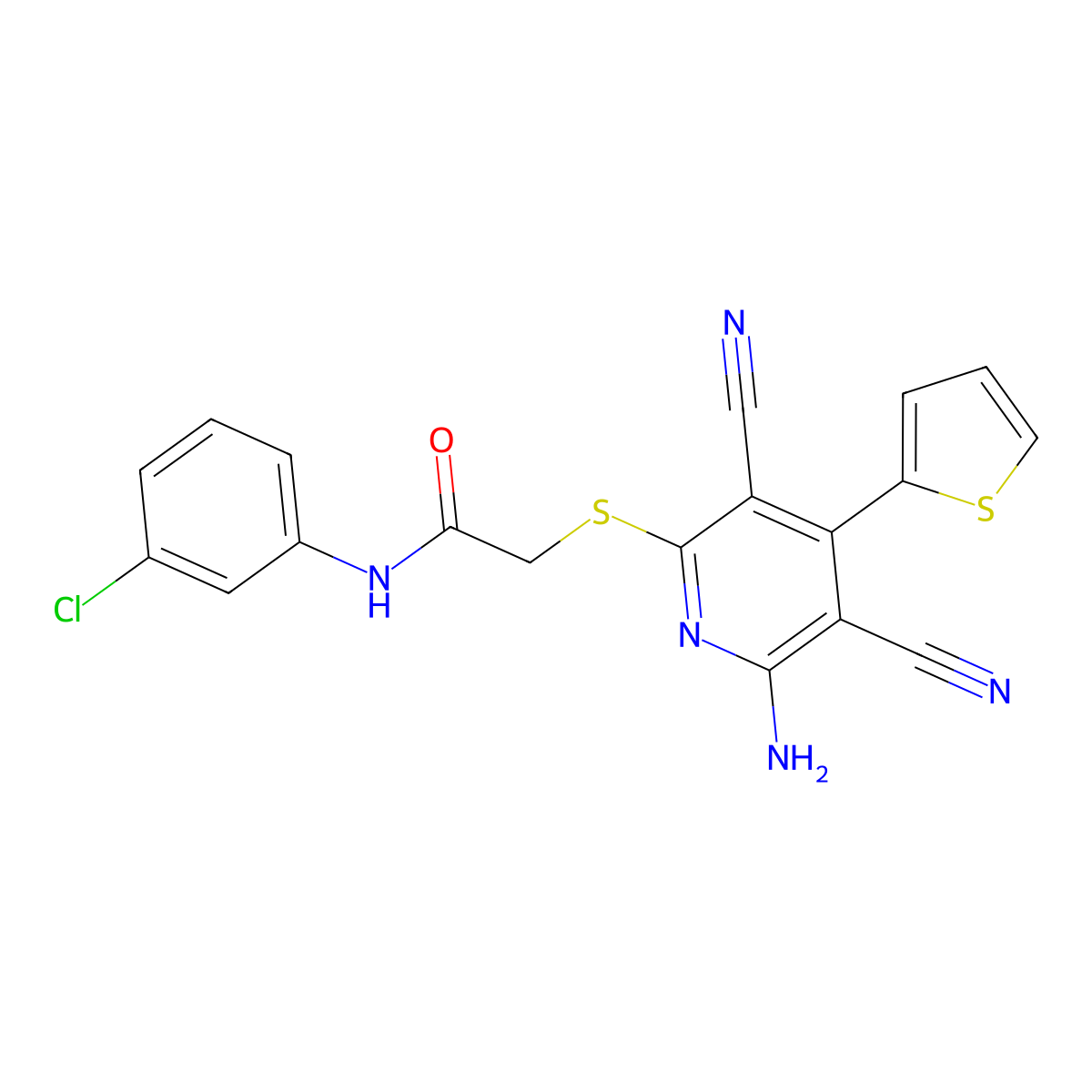 2-(6-amino-3,5-dicyano-4-thiophen-2-ylpyridin-2-yl)sulfanyl-N-(3-chlorophenyl)acetamide molecular structure, CAS 445381-46-4