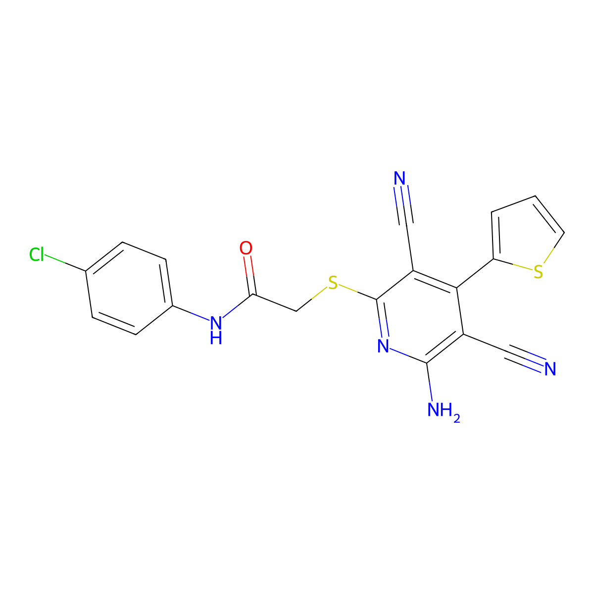 2-(6-amino-3,5-dicyano-4-thiophen-2-ylpyridin-2-yl)sulfanyl-N-(4-chlorophenyl)acetamide molecular structure, CAS 445381-47-5
