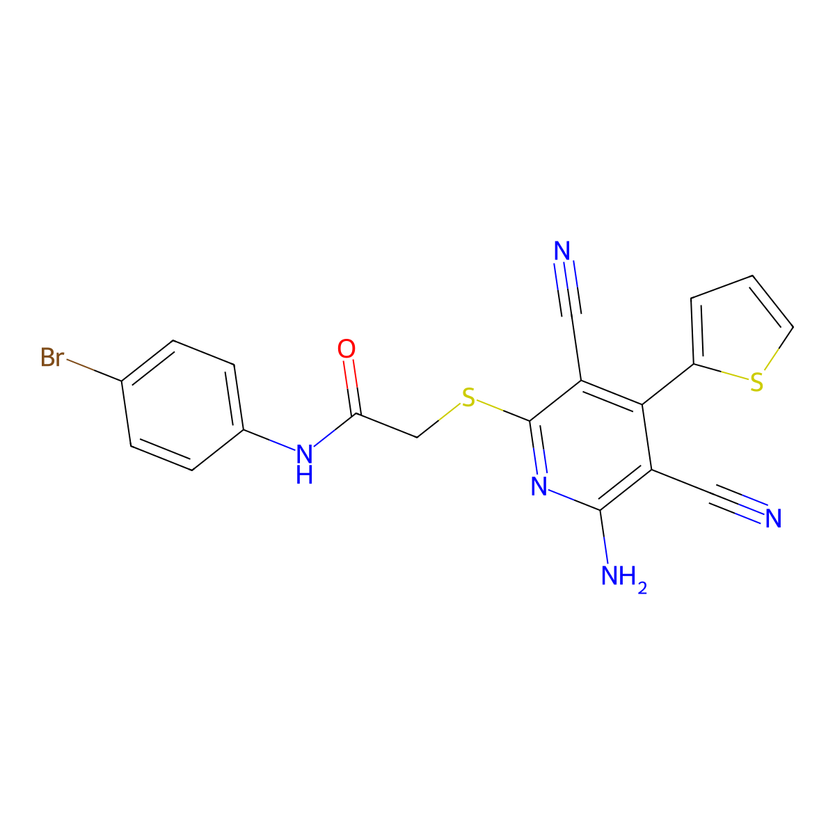 2-(6-amino-3,5-dicyano-4-thiophen-2-ylpyridin-2-yl)sulfanyl-N-(4-bromophenyl)acetamide molecular structure, CAS 445381-48-6