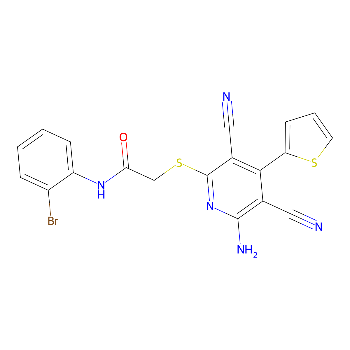 2-(6-amino-3,5-dicyano-4-thiophen-2-ylpyridin-2-yl)sulfanyl-N-(2-bromophenyl)acetamide molecular structure, CAS 445381-50-0