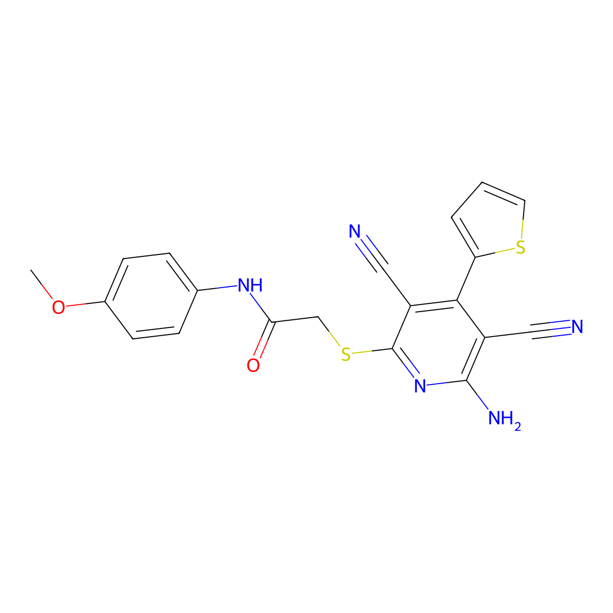 2-(6-amino-3,5-dicyano-4-thiophen-2-ylpyridin-2-yl)sulfanyl-N-(4-methoxyphenyl)acetamide molecular structure, CAS 445381-51-1