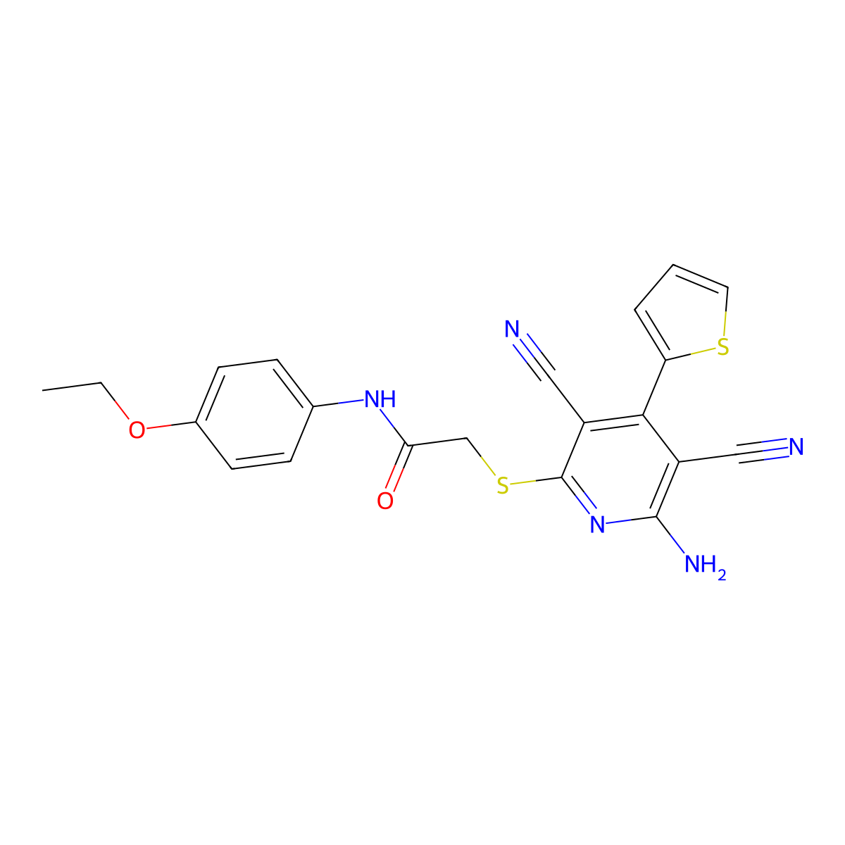 2-(6-amino-3,5-dicyano-4-thiophen-2-ylpyridin-2-yl)sulfanyl-N-(4-ethoxyphenyl)acetamide molecular structure, CAS 445381-52-2