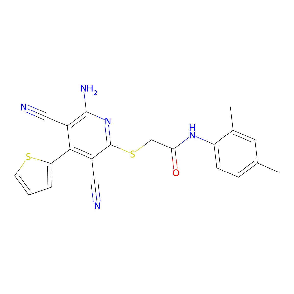 2-(6-amino-3,5-dicyano-4-thiophen-2-ylpyridin-2-yl)sulfanyl-N-(2,4-dimethylphenyl)acetamide molecular structure, CAS 445381-54-4