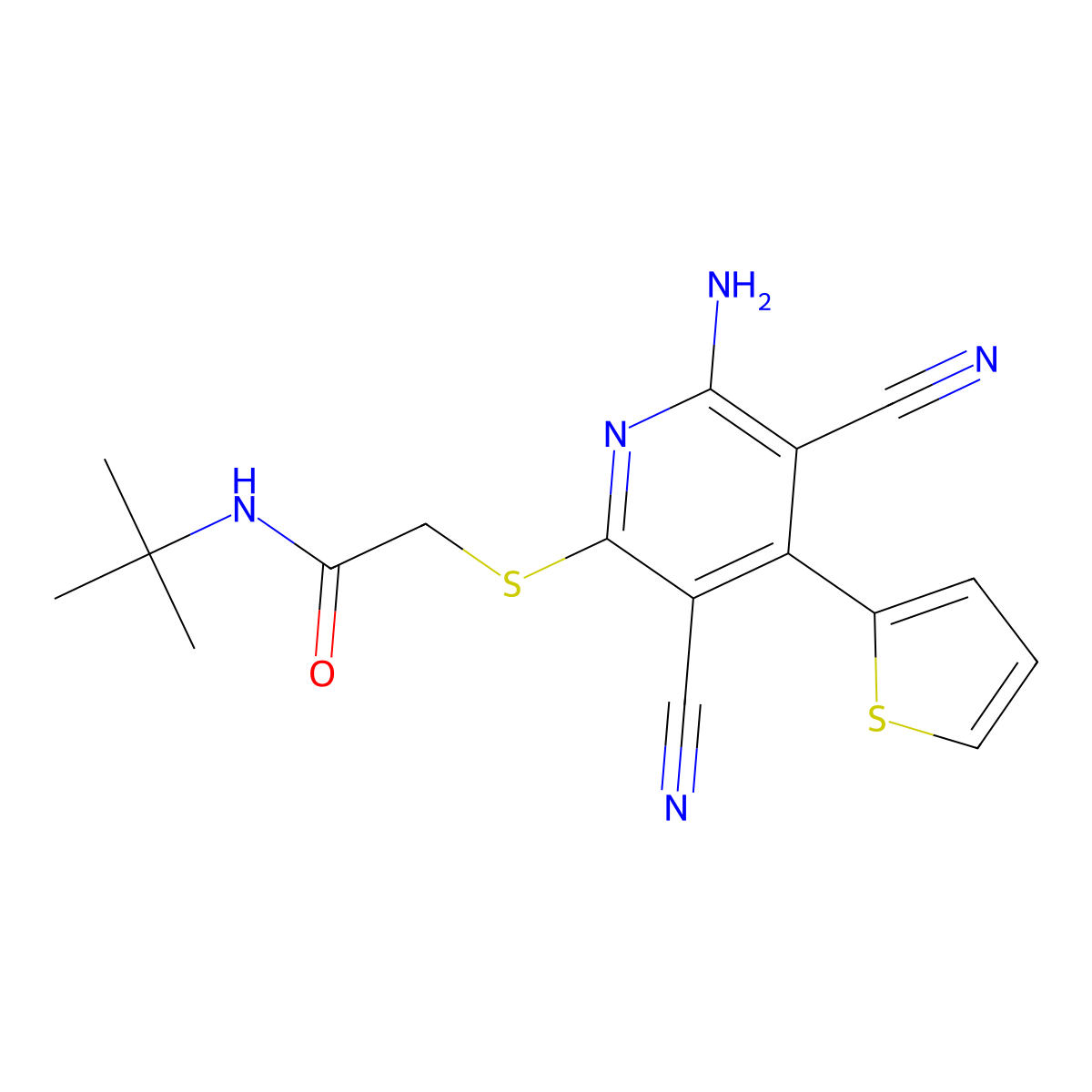 2-(6-amino-3,5-dicyano-4-thiophen-2-ylpyridin-2-yl)sulfanyl-N-tert-butylacetamide molecular structure, CAS 445381-56-6