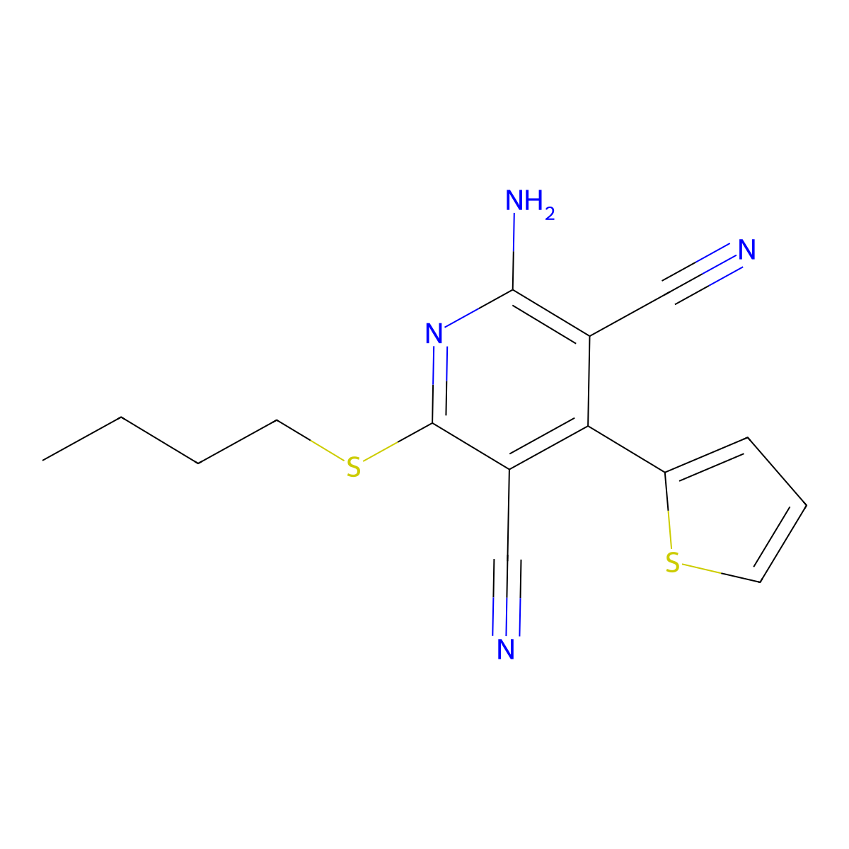 2-Amino-6-(butylsulfanyl)-4-(2-thienyl)-3,5-pyridinedicarbonitrile molecular structure, CAS 445381-58-8