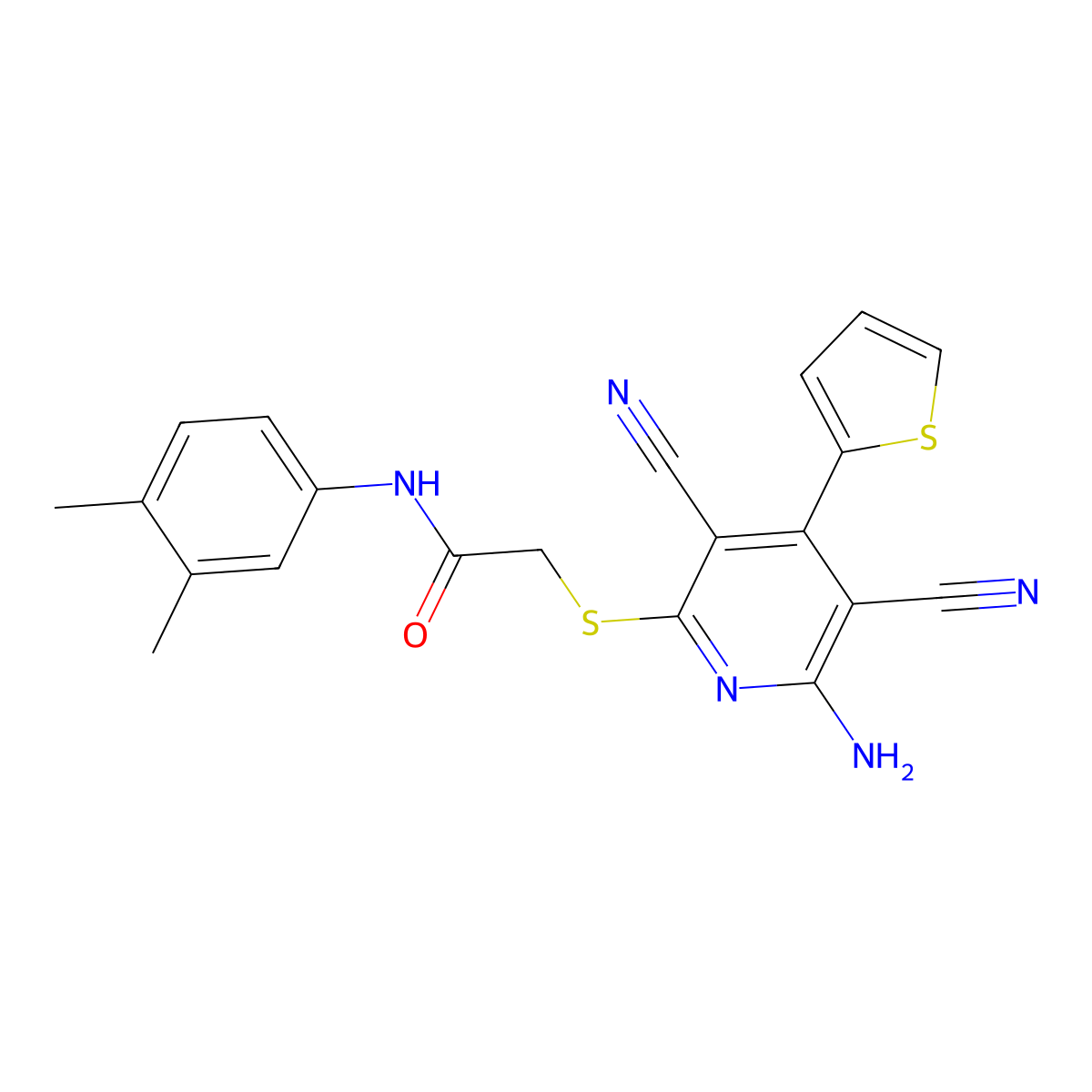2-(6-amino-3,5-dicyano-4-thiophen-2-ylpyridin-2-yl)sulfanyl-N-(3,4-dimethylphenyl)acetamide molecular structure, CAS 445381-63-5