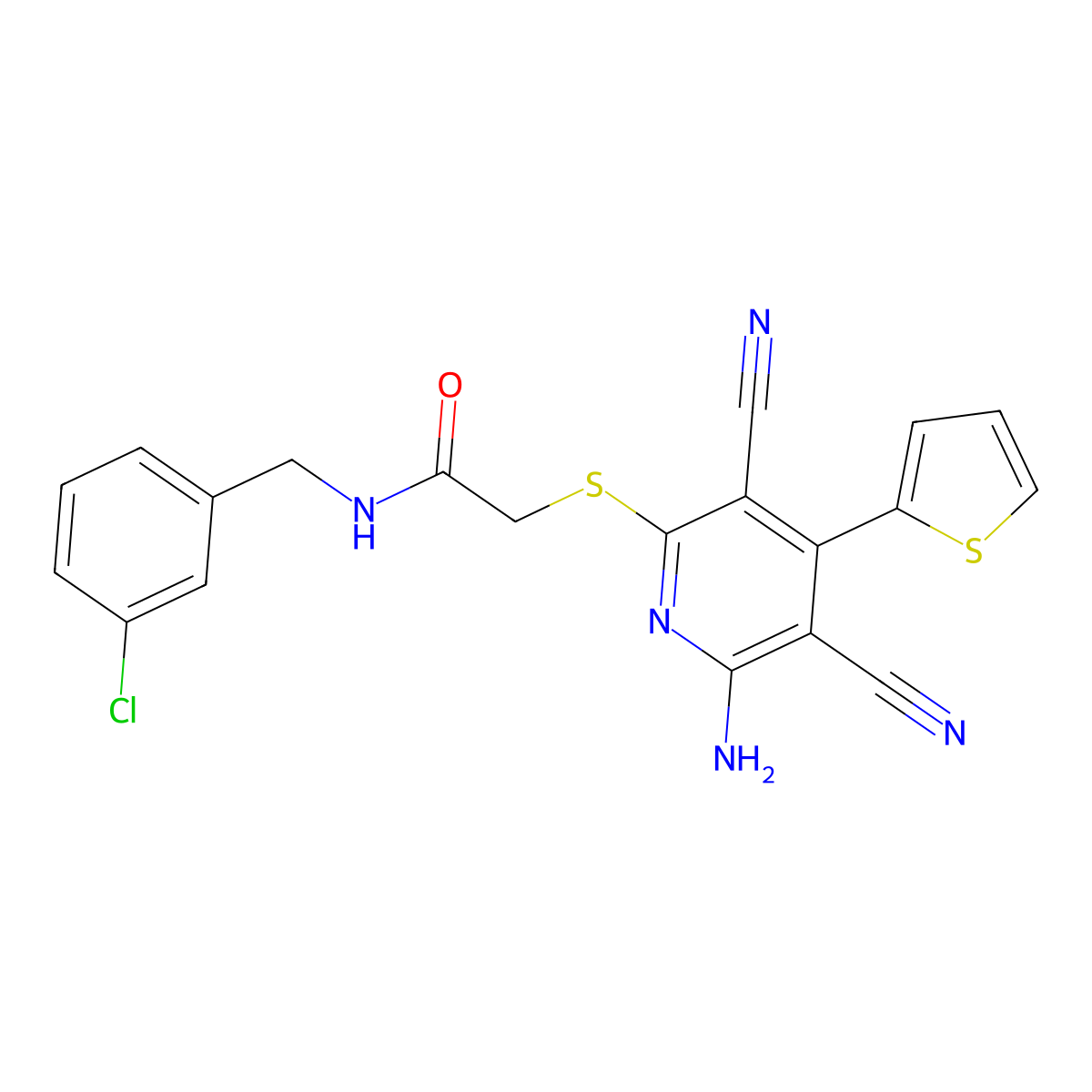 2-(6-amino-3,5-dicyano-4-thiophen-2-ylpyridin-2-yl)sulfanyl-N-[(3-chlorophenyl)methyl]acetamide molecular structure, CAS 445381-64-6