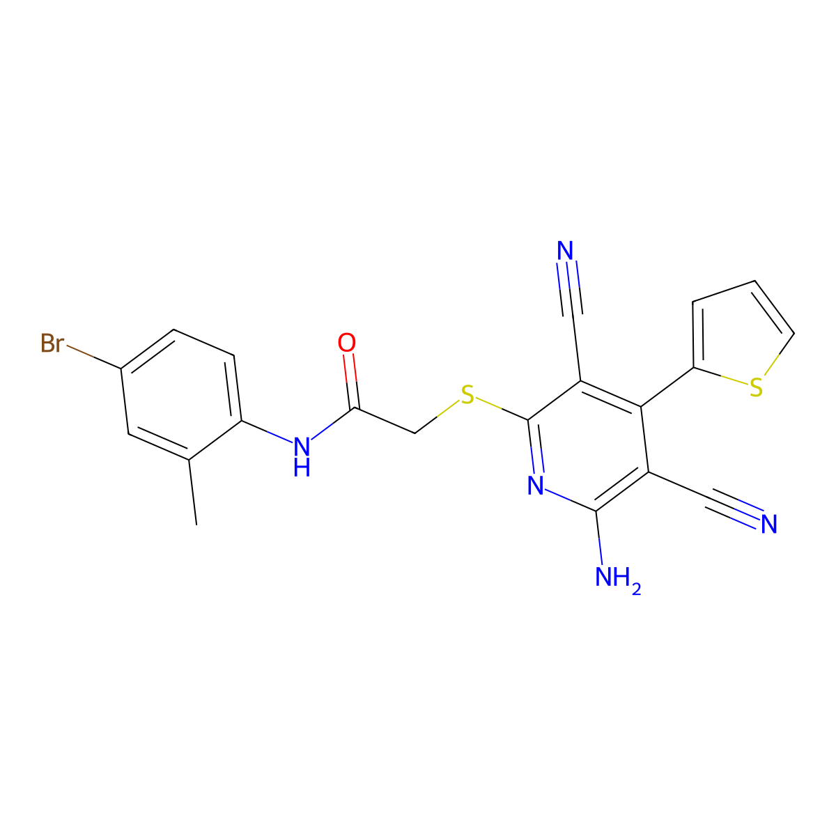 2-(6-amino-3,5-dicyano-4-thiophen-2-ylpyridin-2-yl)sulfanyl-N-(4-bromo-2-methylphenyl)acetamide molecular structure, CAS 445381-66-8
