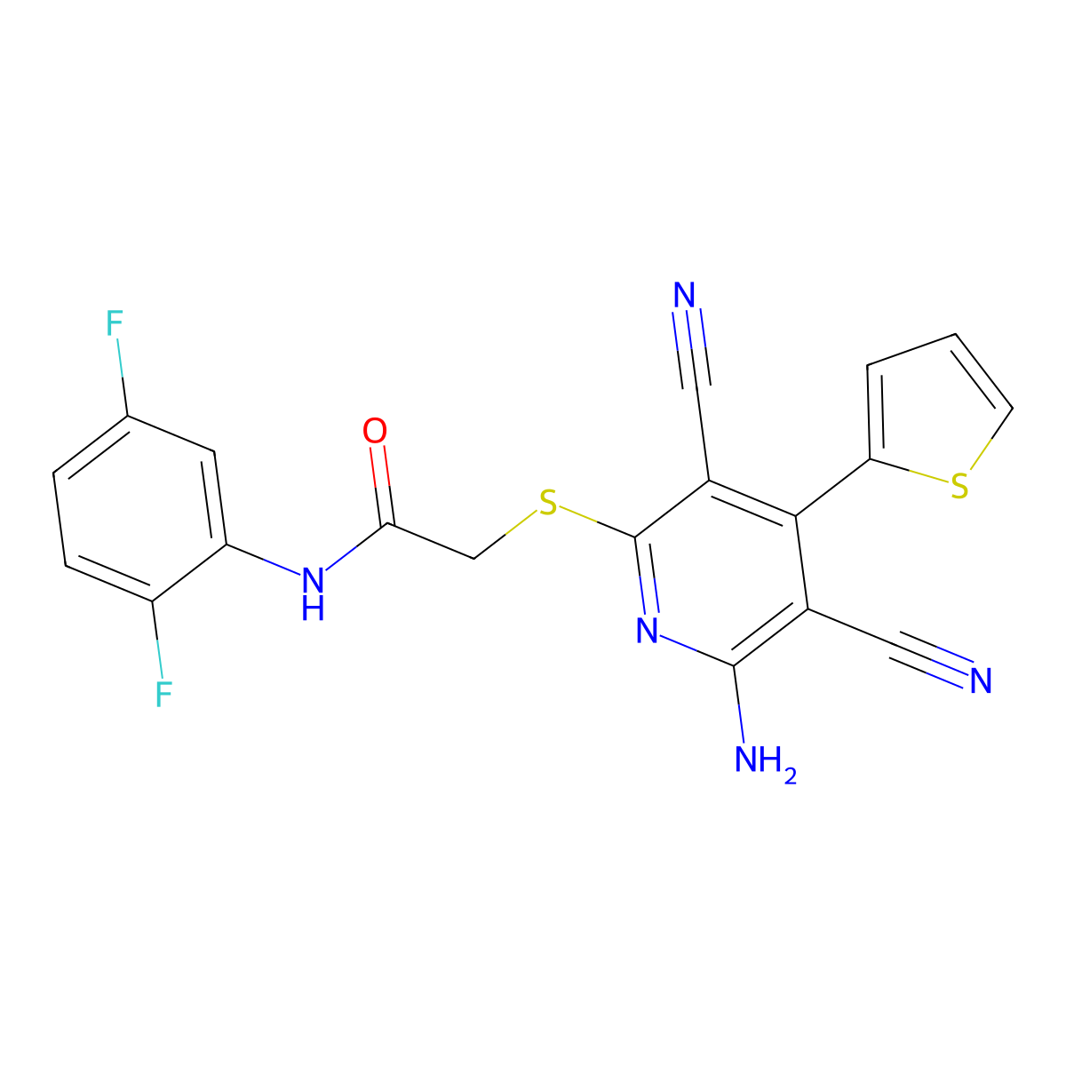 2-(6-amino-3,5-dicyano-4-thiophen-2-ylpyridin-2-yl)sulfanyl-N-(2,5-difluorophenyl)acetamide molecular structure, CAS 445381-72-6