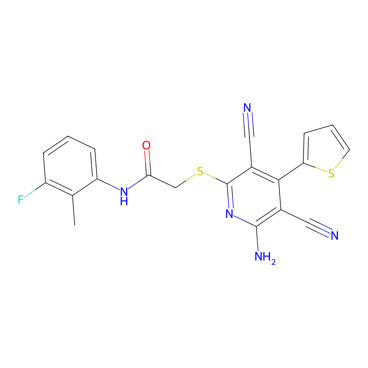 2-(6-amino-3,5-dicyano-4-thiophen-2-ylpyridin-2-yl)sulfanyl-N-(3-fluoro-2-methylphenyl)acetamide molecular structure, CAS 445381-73-7