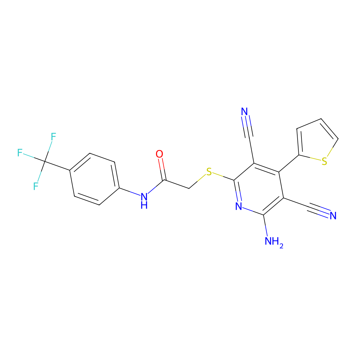 2-(6-amino-3,5-dicyano-4-thiophen-2-ylpyridin-2-yl)sulfanyl-N-[4-(trifluoromethyl)phenyl]acetamide molecular structure, CAS 445381-74-8