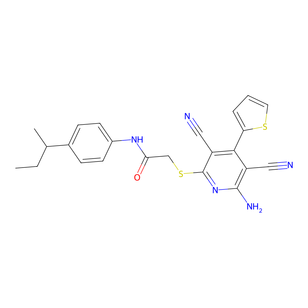 2-(6-amino-3,5-dicyano-4-thiophen-2-ylpyridin-2-yl)sulfanyl-N-(4-butan-2-ylphenyl)acetamide molecular structure, CAS 445381-78-2