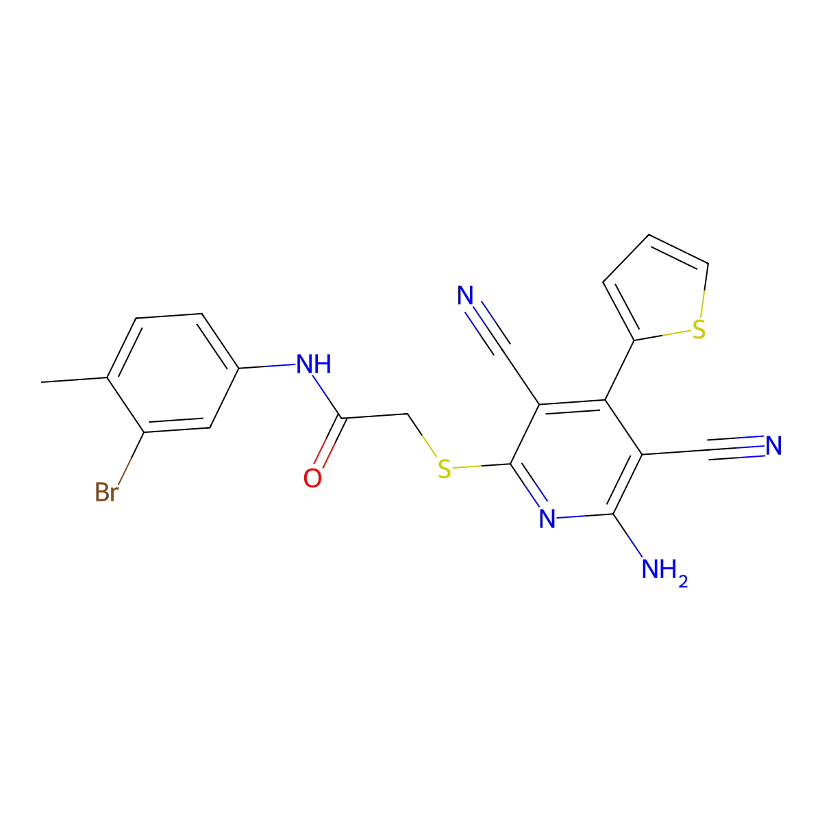 2-(6-amino-3,5-dicyano-4-thiophen-2-ylpyridin-2-yl)sulfanyl-N-(3-bromo-4-methylphenyl)acetamide molecular structure, CAS 445381-83-9