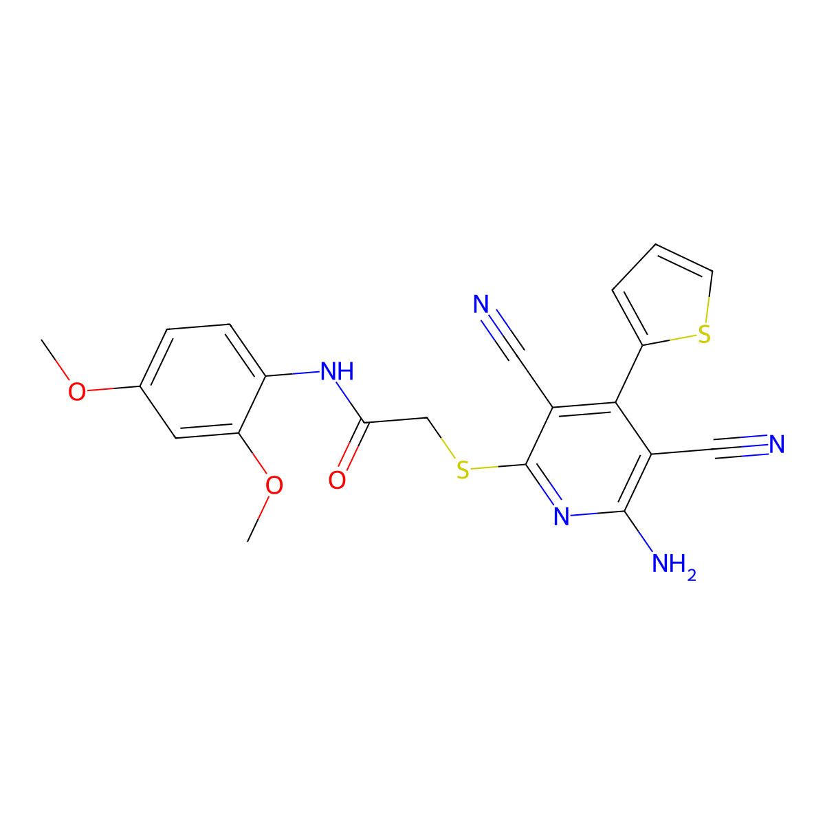 2-(6-amino-3,5-dicyano-4-thiophen-2-ylpyridin-2-yl)sulfanyl-N-(2,4-dimethoxyphenyl)acetamide molecular structure, CAS 445381-93-1