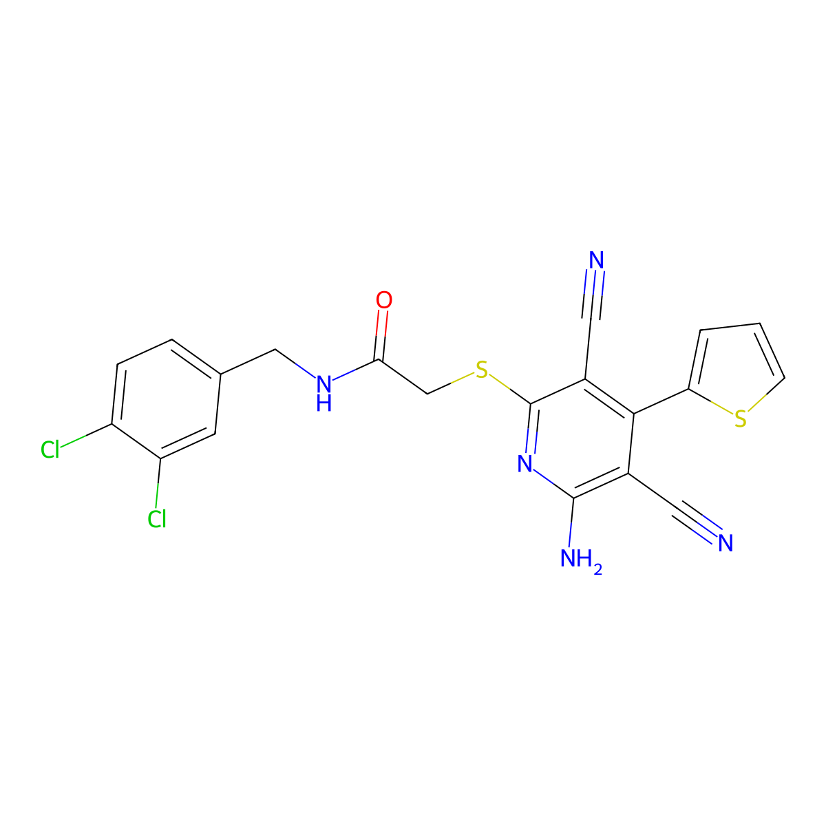 2-(6-amino-3,5-dicyano-4-thiophen-2-ylpyridin-2-yl)sulfanyl-N-[(3,4-dichlorophenyl)methyl]acetamide molecular structure, CAS 445381-98-6