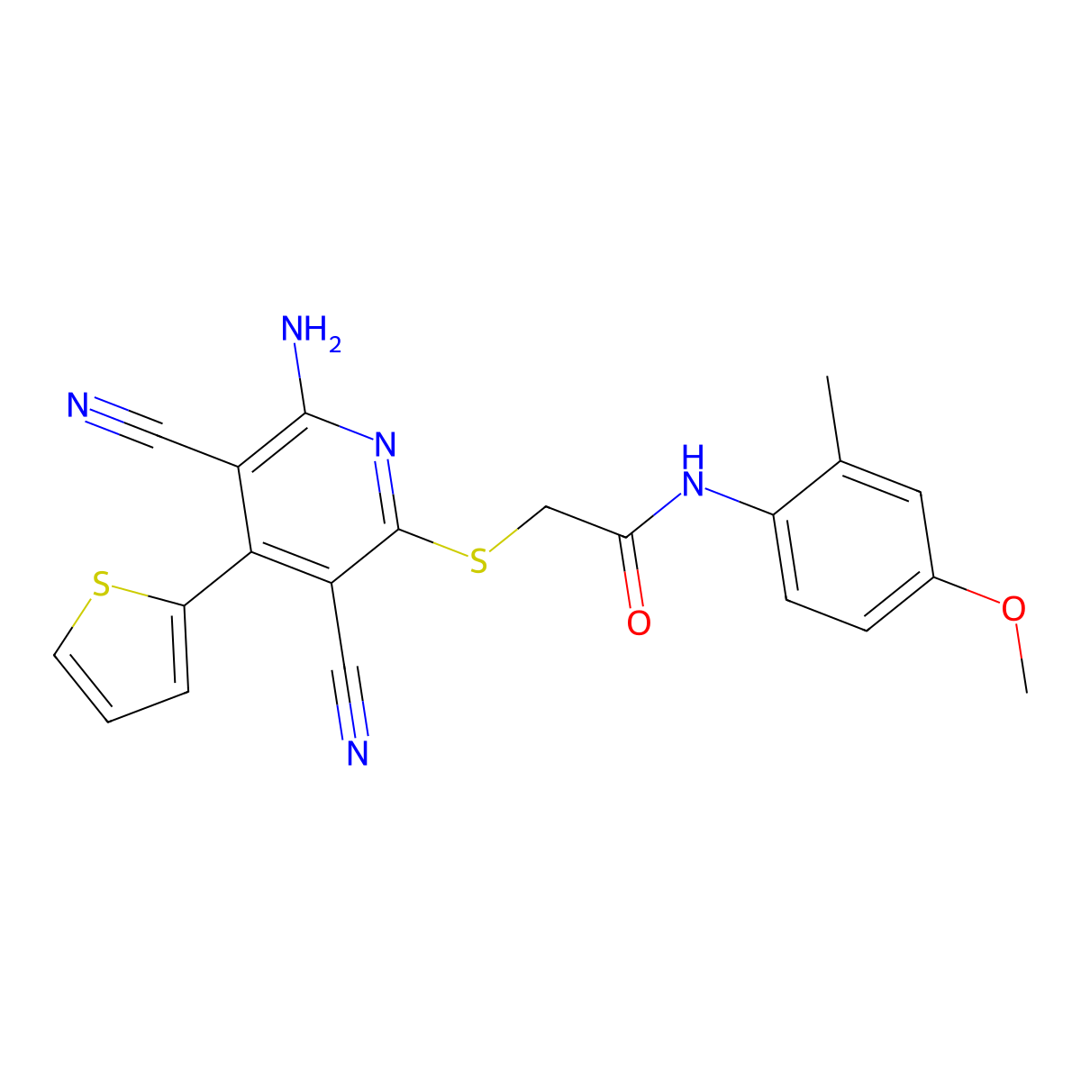 2-(6-amino-3,5-dicyano-4-thiophen-2-ylpyridin-2-yl)sulfanyl-N-(4-methoxy-2-methylphenyl)acetamide molecular structure, CAS 445381-99-7