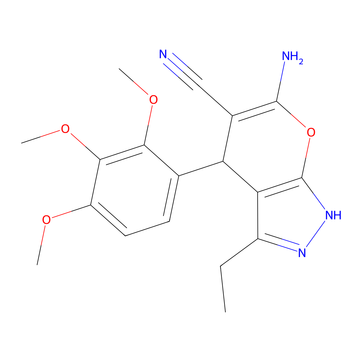 6-Amino-3-ethyl-4-[2,3,4-tris(methyloxy)phenyl]-2,4-dihydropyrano[2,3-c]pyrazole-5-carbonitrile molecular structure, CAS 445382-09-2
