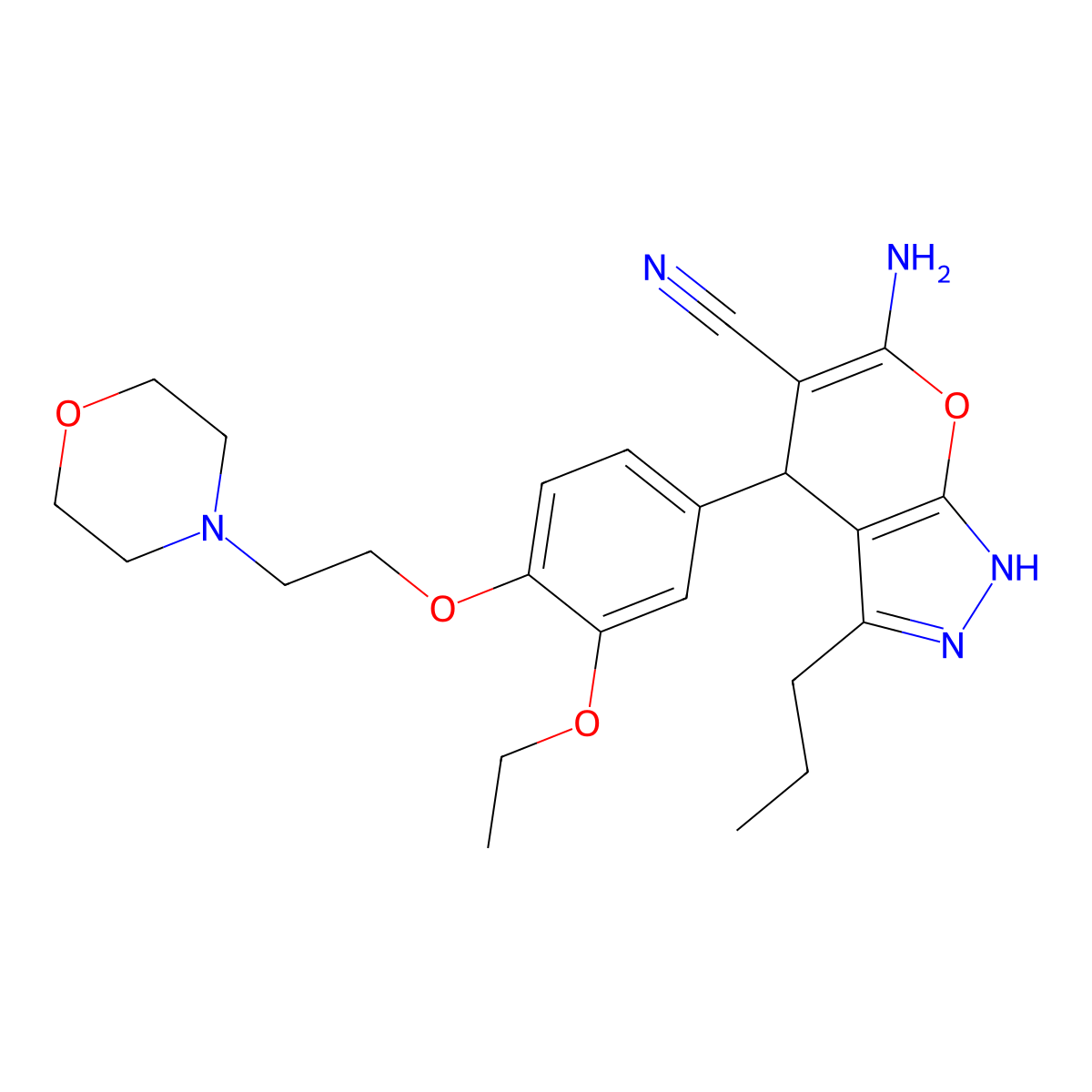 6-Amino-4-{3-ethoxy-4-[2-(morpholin-4-yl)ethoxy]phenyl}-3-propyl-1,4-dihydropyrano[2,3-c]pyrazole-5-carbonitrile molecular structure, CAS 445382-10-5