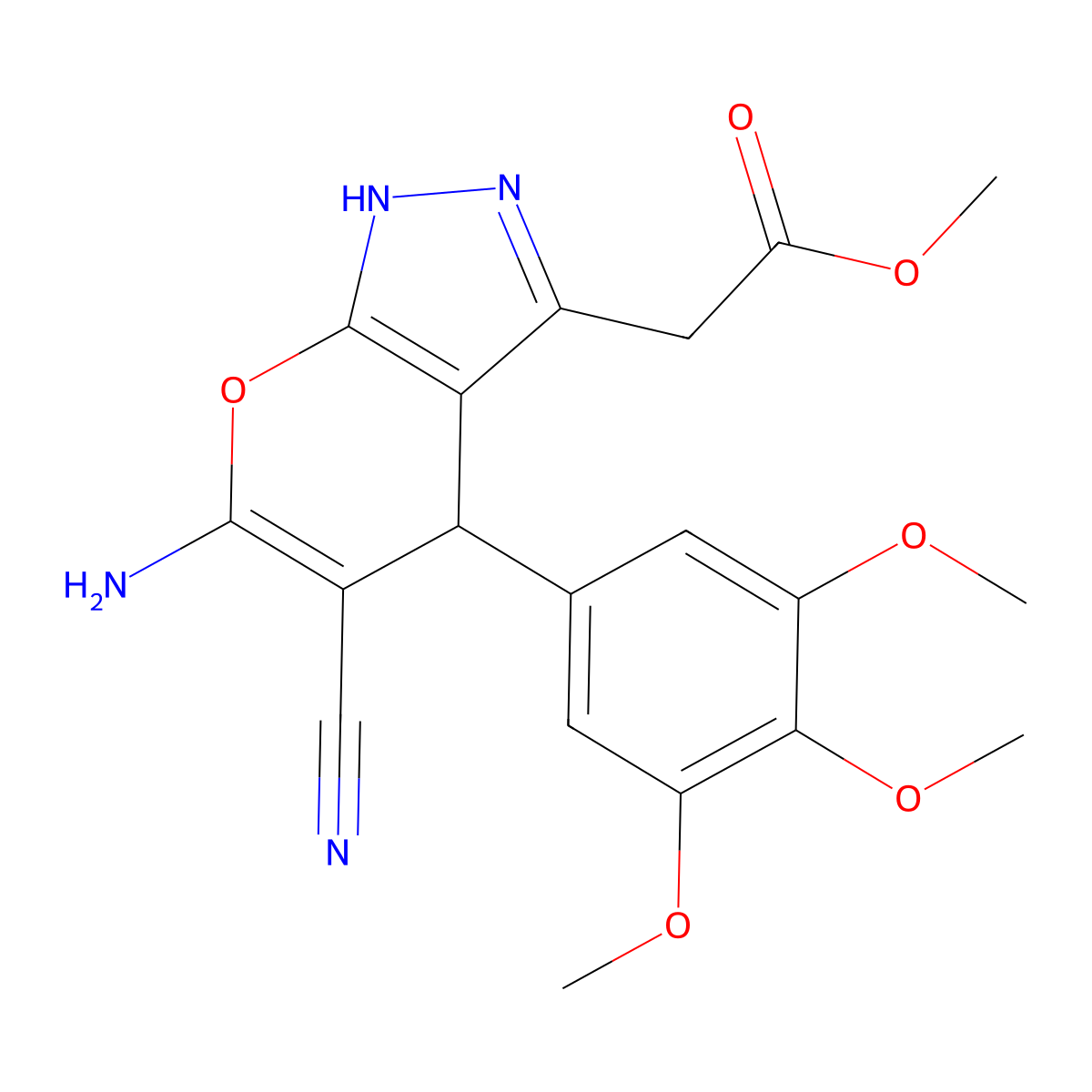 Methyl 2-[6-amino-5-cyano-4-(3,4,5-trimethoxyphenyl)-2,4-dihydropyrano[2,3-c]pyrazol-3-yl]acetate molecular structure, CAS 445382-30-9