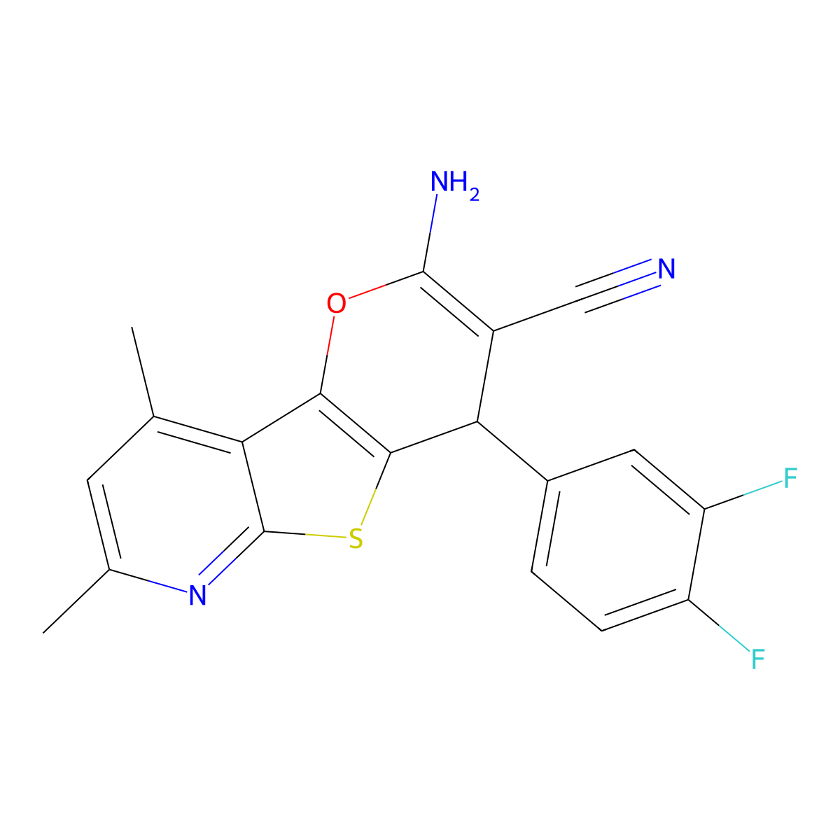 2-amino-4-(3,4-difluorophenyl)-7,9-dimethyl-4H-pyrano[2',3':4,5]thieno[2,3-b]pyridine-3-carbonitrile molecular structure, CAS 445382-33-2