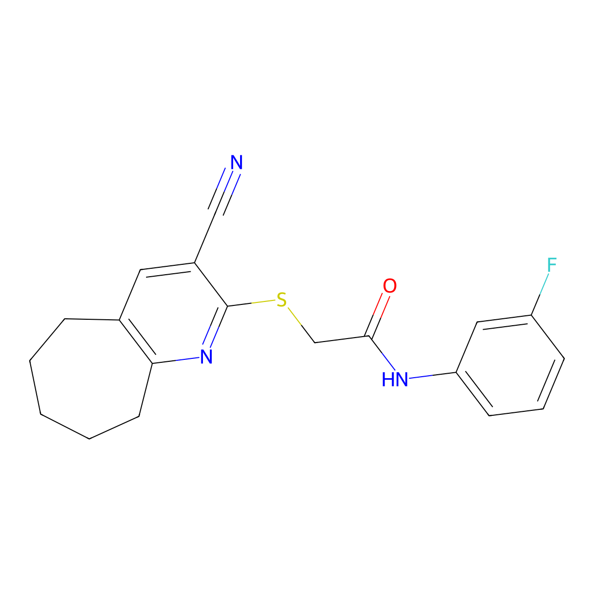 2-[(3-cyano-6,7,8,9-tetrahydro-5H-cyclohepta[b]pyridin-2-yl)sulfanyl]-N-(3-fluorophenyl)acetamide molecular structure, CAS 445382-40-1