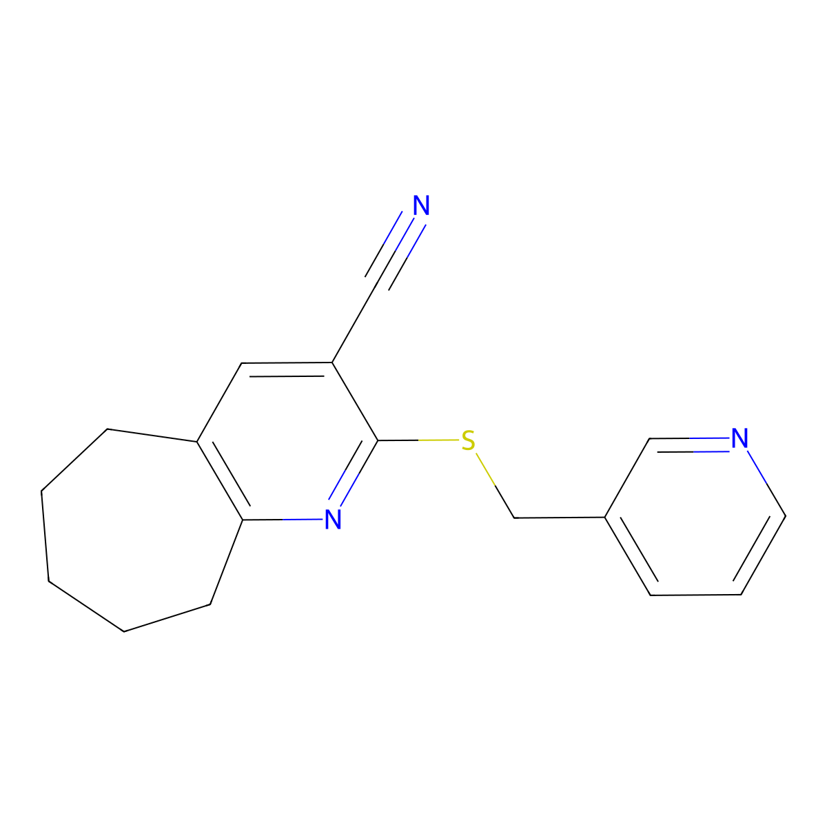 2-(pyridin-3-ylmethylsulfanyl)-6,7,8,9-tetrahydro-5H-cyclohepta[b]pyridine-3-carbonitrile molecular structure, CAS 445382-41-2