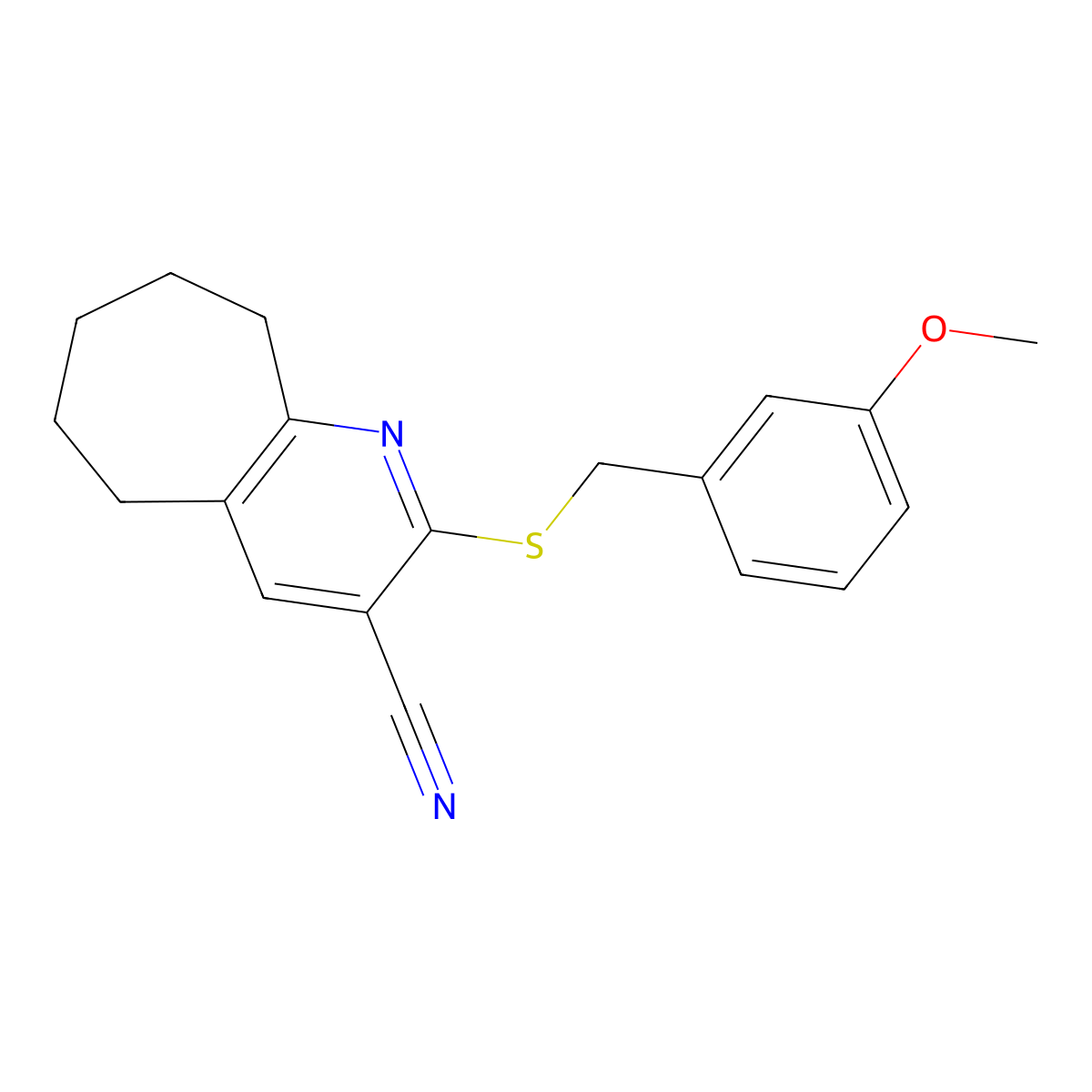 2-[(3-methoxybenzyl)sulfanyl]-6,7,8,9-tetrahydro-5H-cyclohepta[b]pyridine-3-carbonitrile molecular structure, CAS 445382-42-3