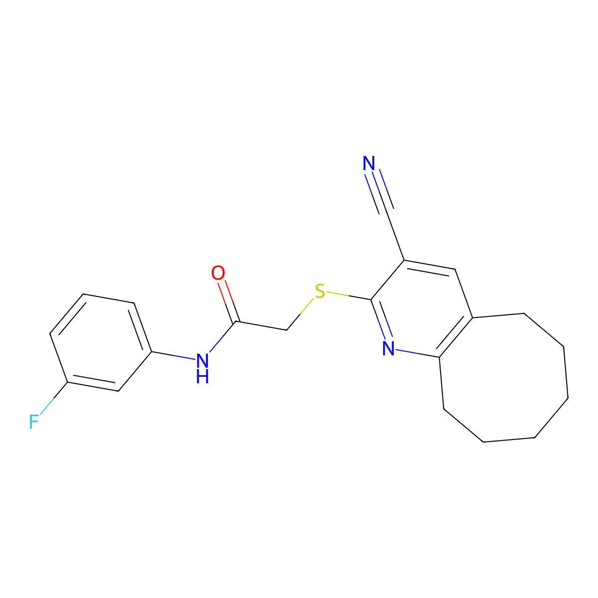 2-[(3-cyano-5,6,7,8,9,10-hexahydrocycloocta[b]pyridin-2-yl)sulfanyl]-N-(3-fluorophenyl)acetamide molecular structure, CAS 445382-43-4