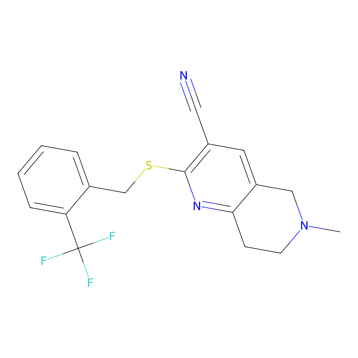 6-methyl-2-[[2-(trifluoromethyl)phenyl]methylsulfanyl]-7,8-dihydro-5H-1,6-naphthyridine-3-carbonitrile molecular structure, CAS 445382-45-6
