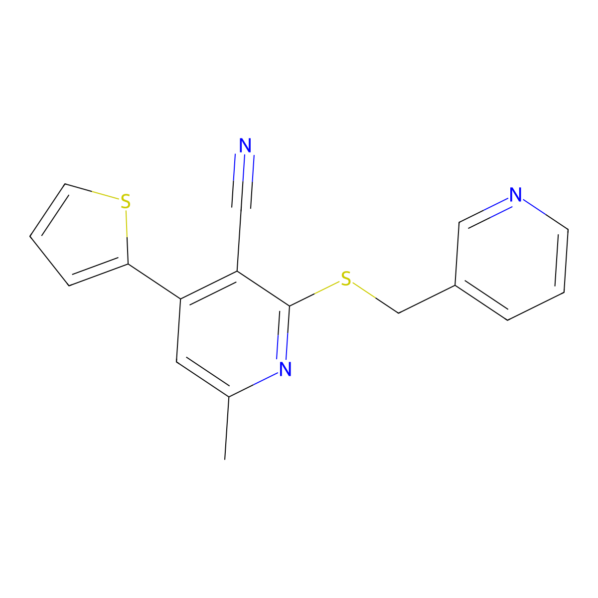6-Methyl-2-(pyridin-3-ylmethylsulfanyl)-4-thiophen-2-ylpyridine-3-carbonitrile molecular structure, CAS 445382-46-7
