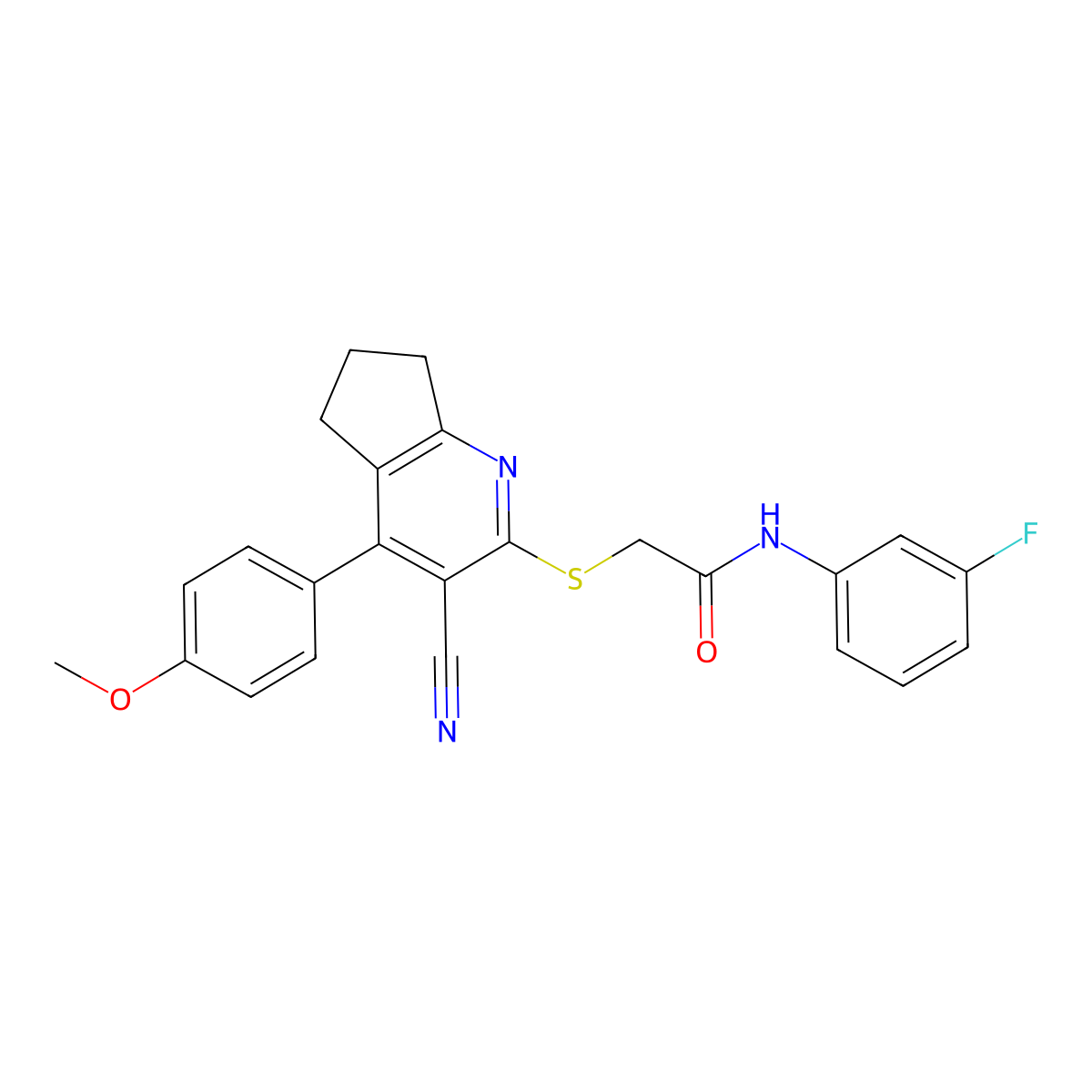 2-[[3-cyano-4-(4-methoxyphenyl)-6,7-dihydro-5H-cyclopenta[b]pyridin-2-yl]sulfanyl]-N-(3-fluorophenyl)acetamide molecular structure, CAS 445382-53-6