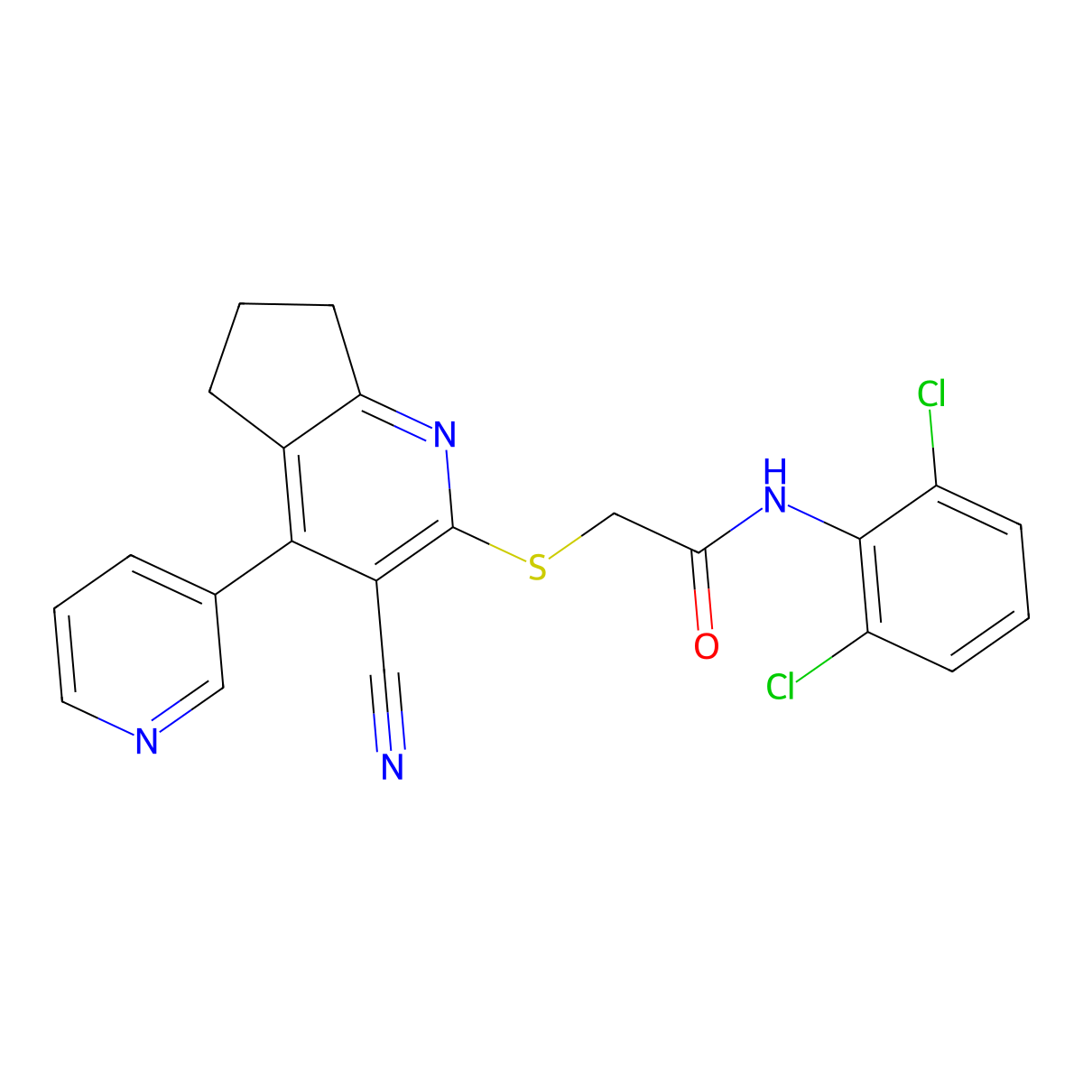 2-[(3-cyano-4-pyridin-3-yl-6,7-dihydro-5H-cyclopenta[b]pyridin-2-yl)sulfanyl]-N-(2,6-dichlorophenyl)acetamide molecular structure, CAS 445382-55-8