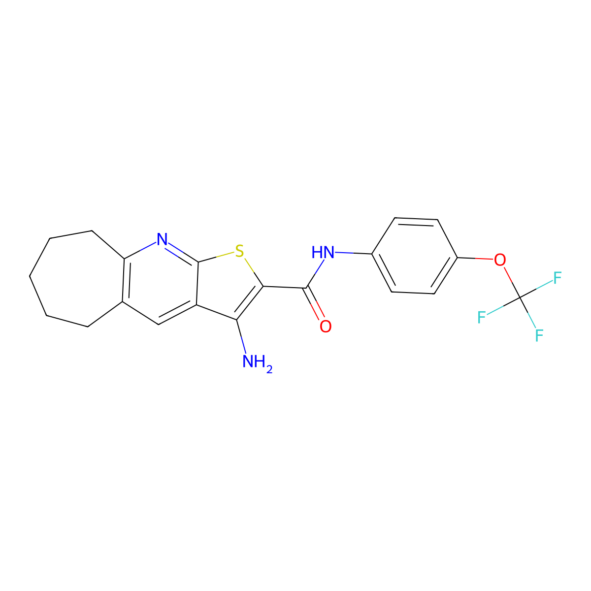 3-amino-N-[4-(trifluoromethoxy)phenyl]-6,7,8,9-tetrahydro-5H-cyclohepta[b]thieno[3,2-e]pyridine-2-carboxamide molecular structure, CAS 445382-70-7