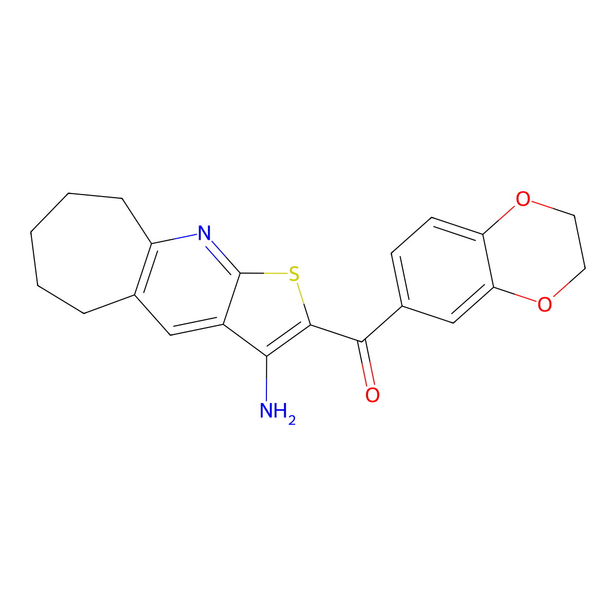 (3-amino-6,7,8,9-tetrahydro-5H-cyclohepta[b]thieno[3,2-e]pyridin-2-yl)(2,3-dihydro-1,4-benzodioxin-6-yl)methanone molecular structure, CAS 445382-71-8