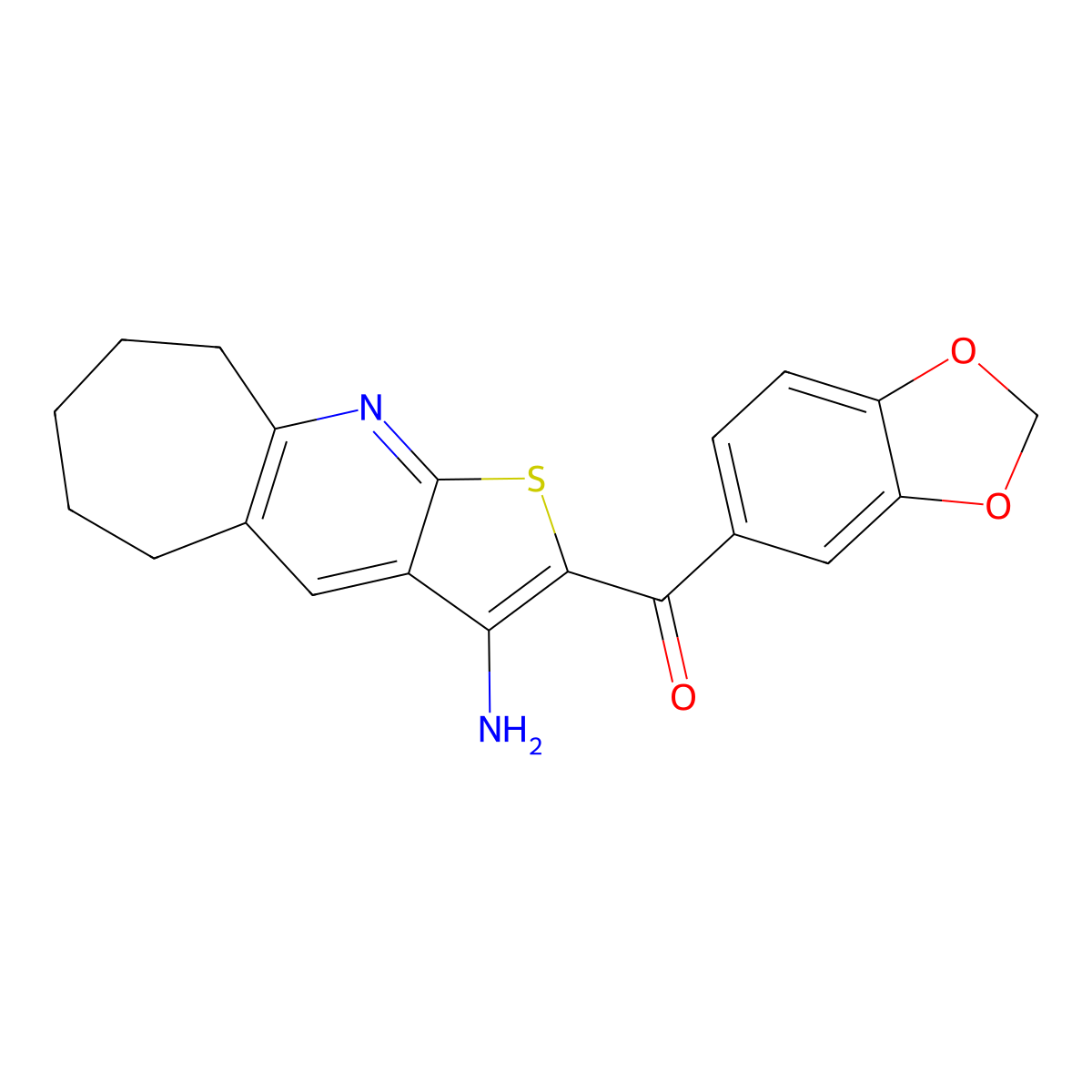 (3-amino-6,7,8,9-tetrahydro-5H-cyclohepta[b]thieno[3,2-e]pyridin-2-yl)(1,3-benzodioxol-5-yl)methanone molecular structure, CAS 445382-72-9