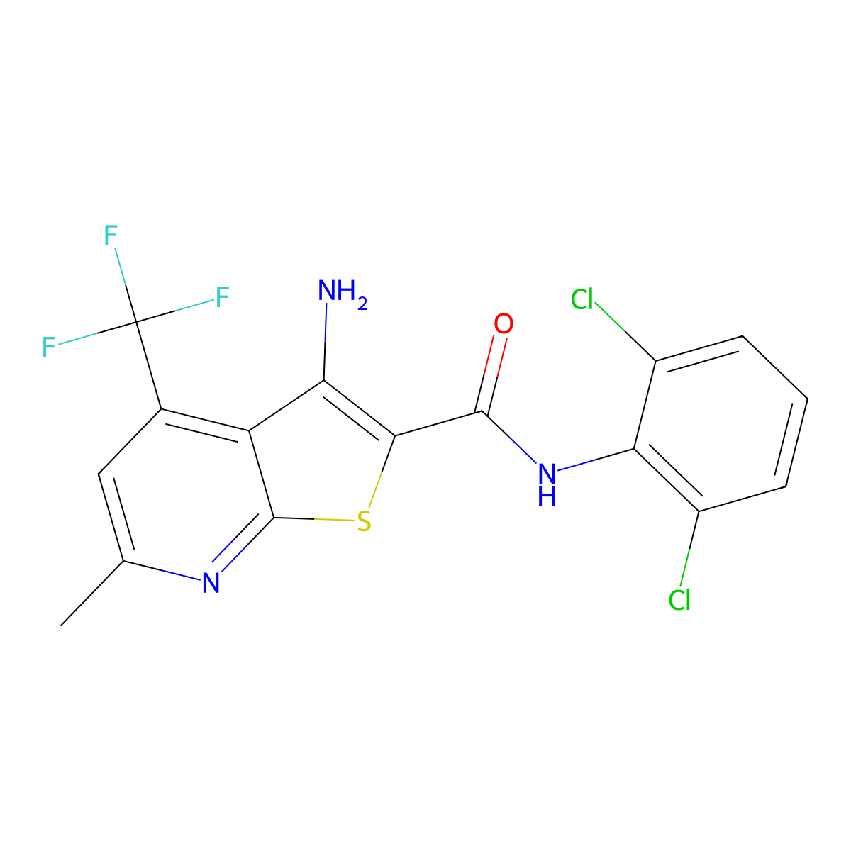 3-amino-N-(2,6-dichlorophenyl)-6-methyl-4-(trifluoromethyl)thieno[2,3-b]pyridine-2-carboxamide molecular structure, CAS 445382-74-1