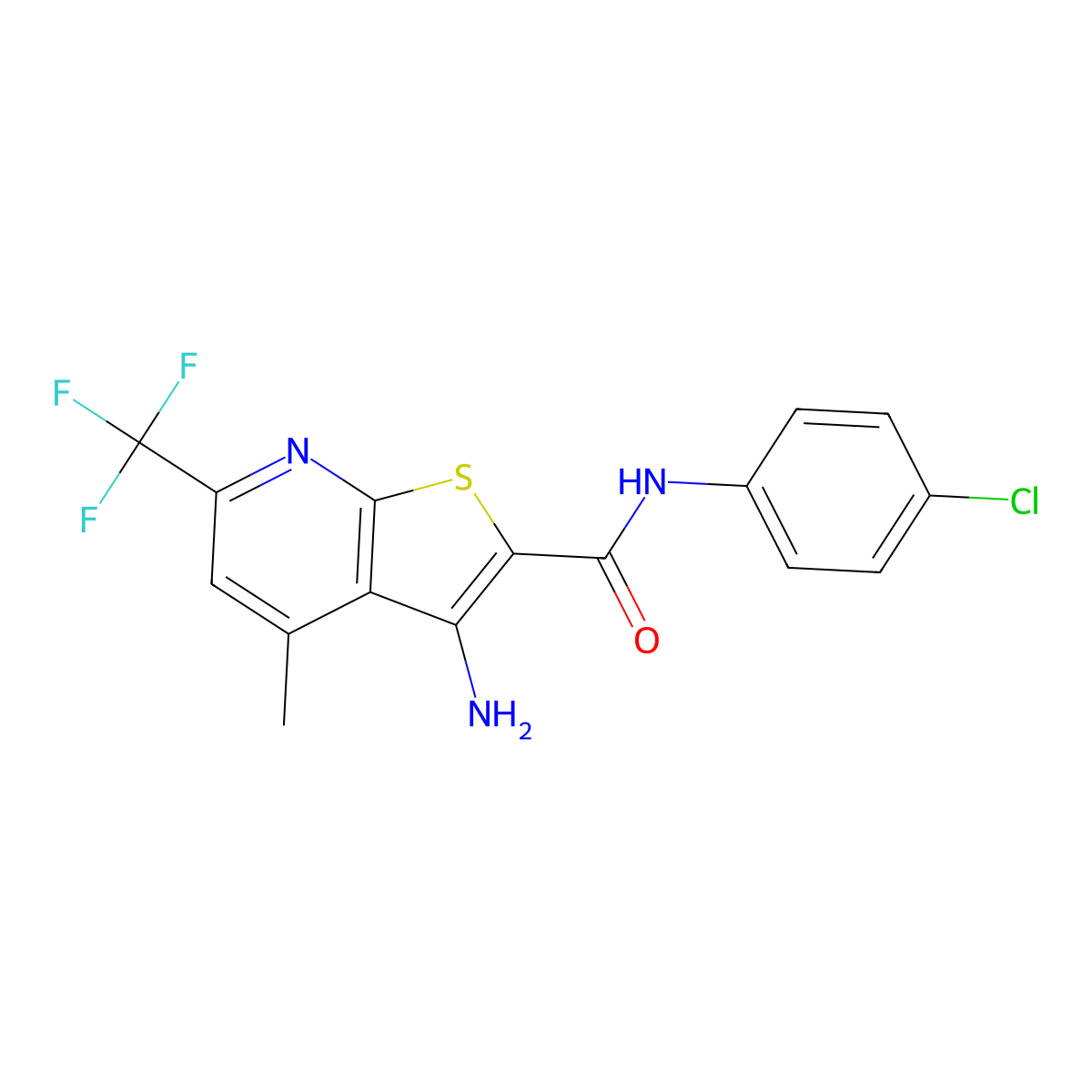 3-amino-N-(4-chlorophenyl)-4-methyl-6-(trifluoromethyl)thieno[2,3-b]pyridine-2-carboxamide molecular structure, CAS 445382-77-4