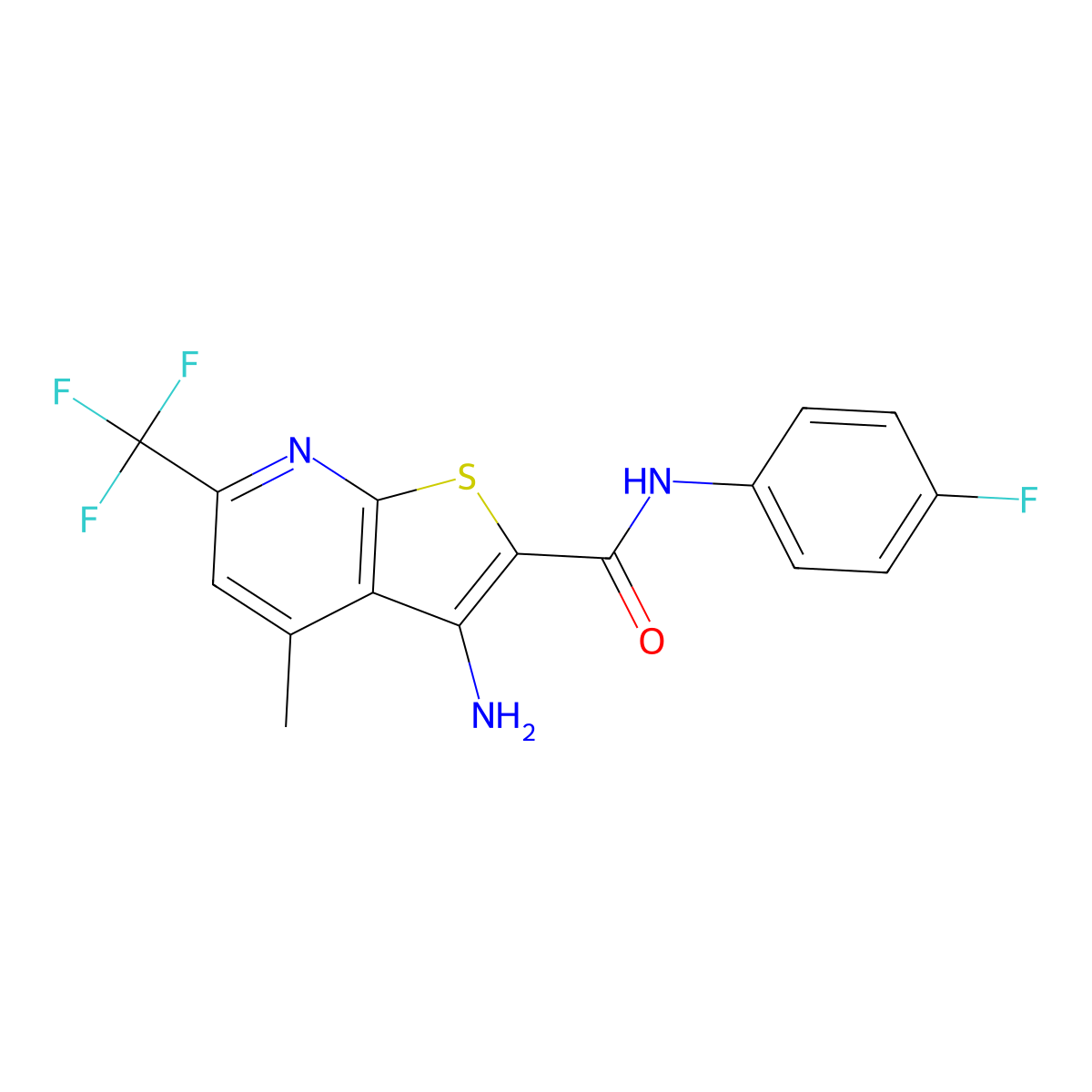 3-amino-N-(4-fluorophenyl)-4-methyl-6-(trifluoromethyl)thieno[2,3-b]pyridine-2-carboxamide molecular structure, CAS 445382-78-5